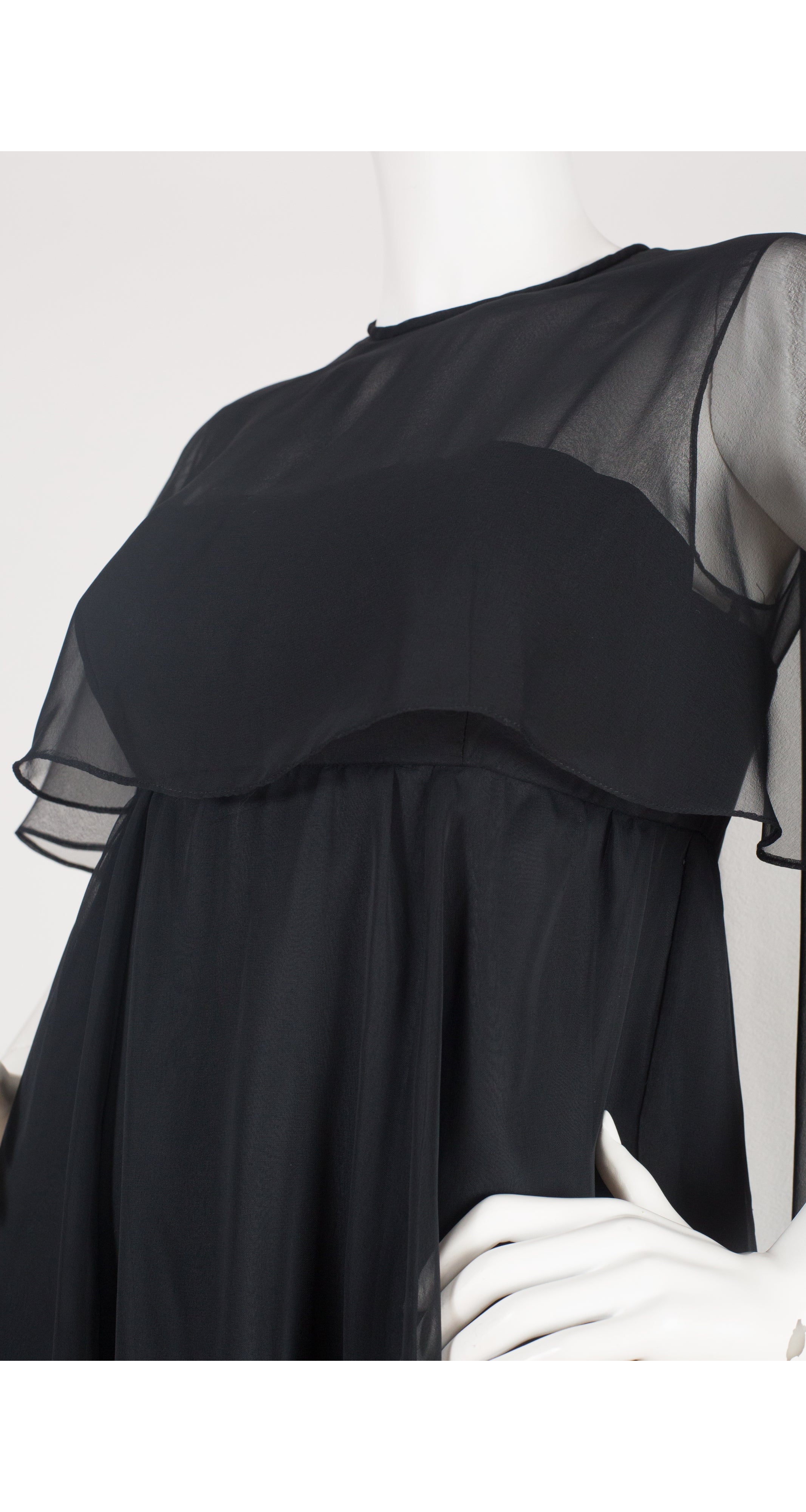 1970s Black Chiffon Empire Waist Evening Dress