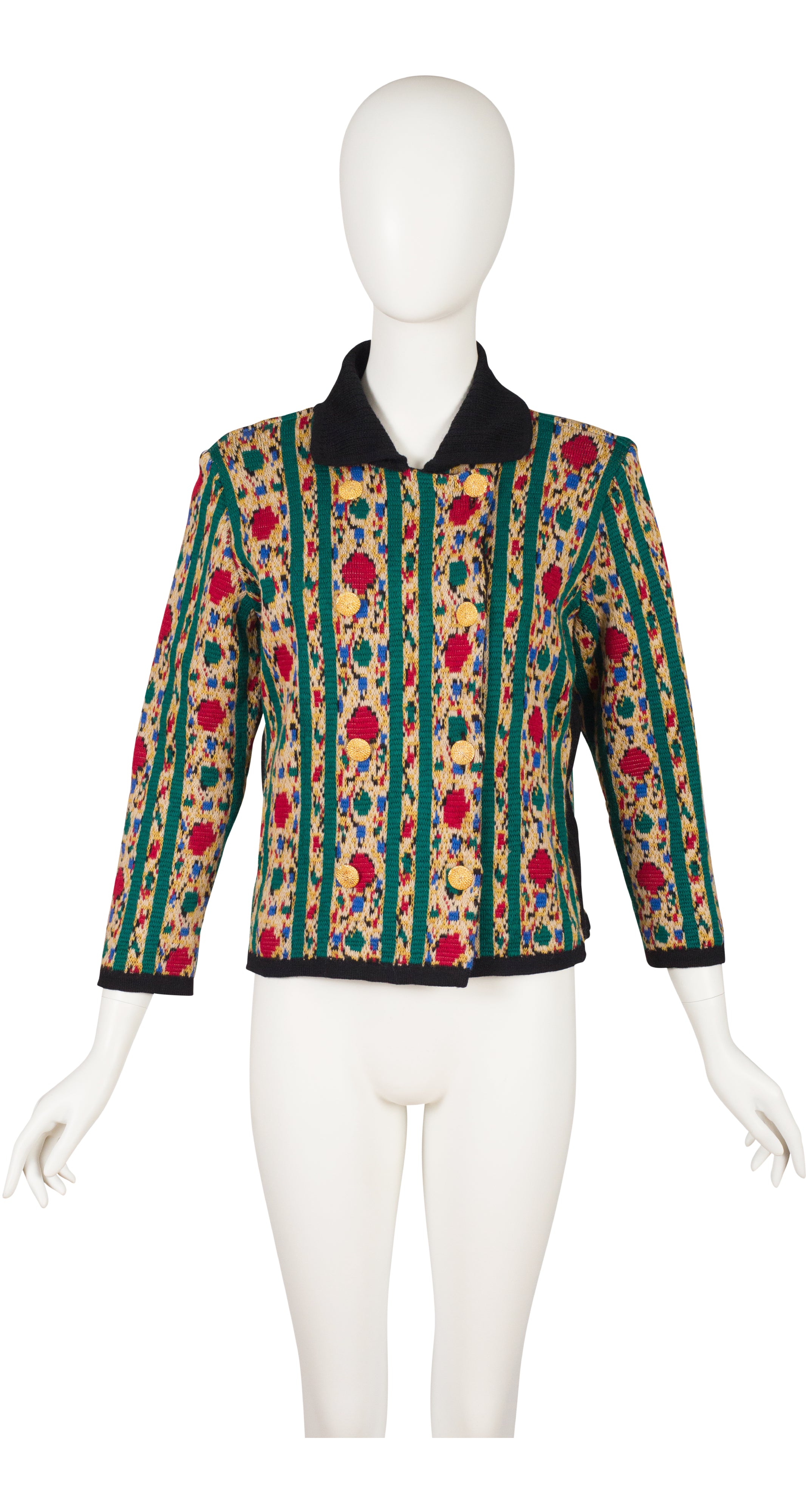 1980s Intarsia Wool Knit Double-Breasted Cardigan