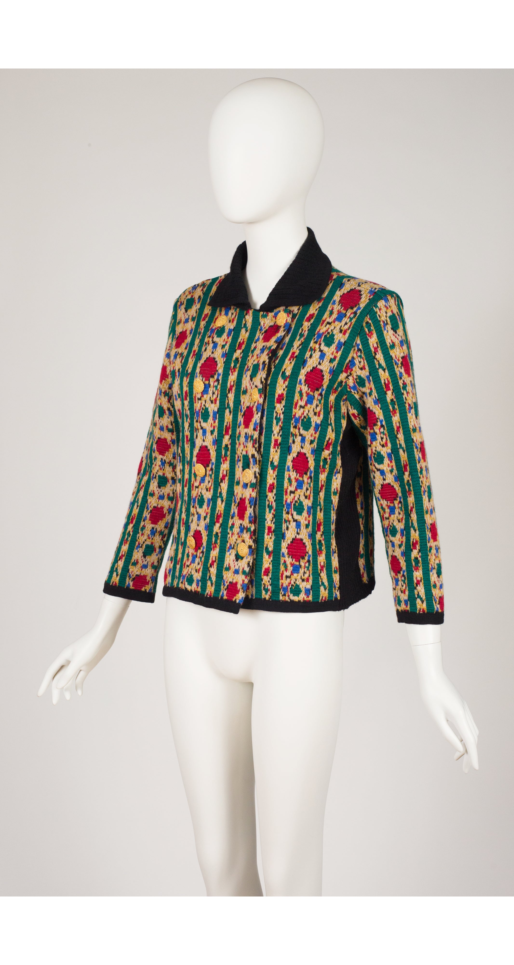 1980s Intarsia Wool Knit Double-Breasted Cardigan