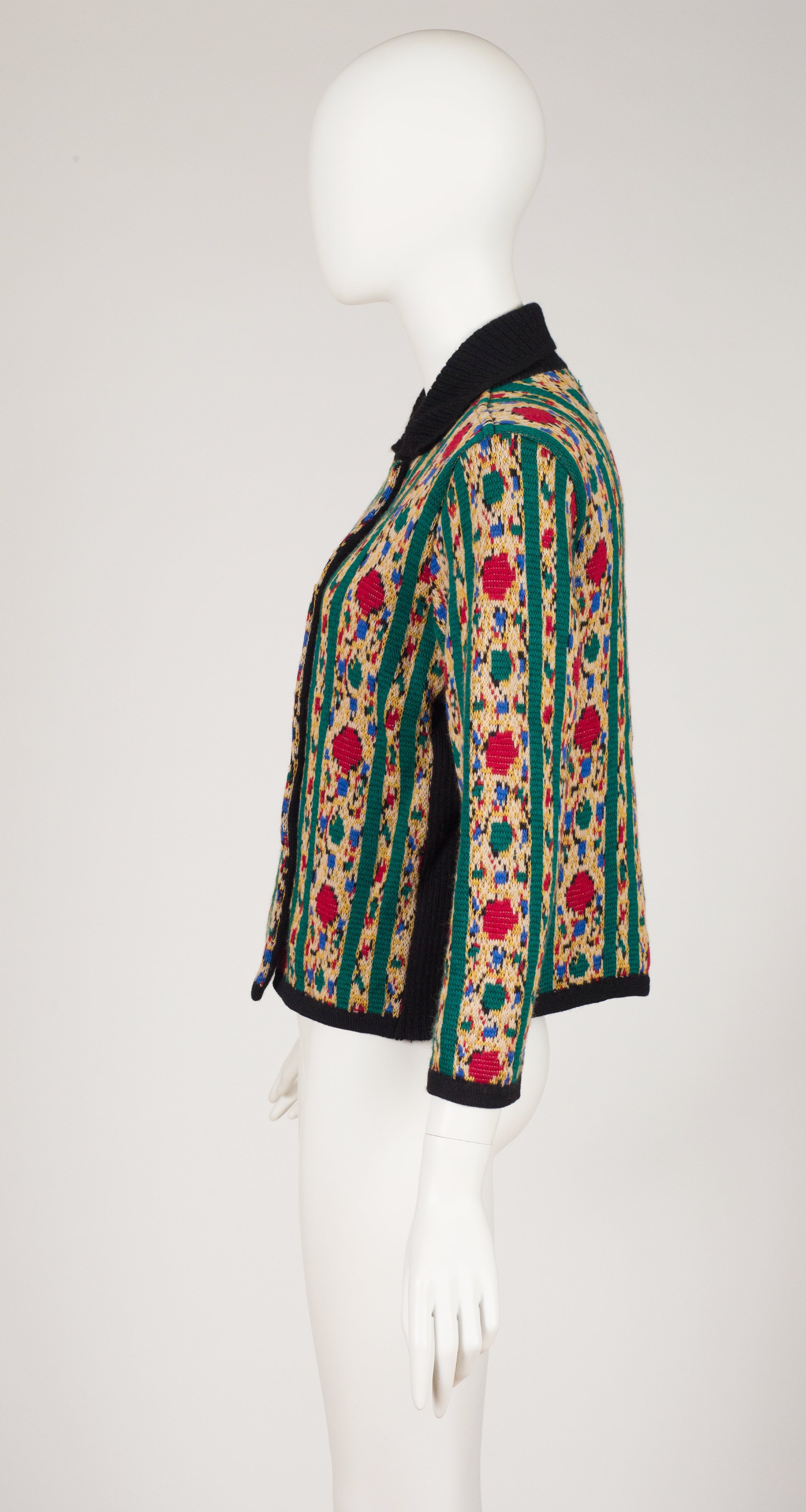 1980s Intarsia Wool Knit Double-Breasted Cardigan