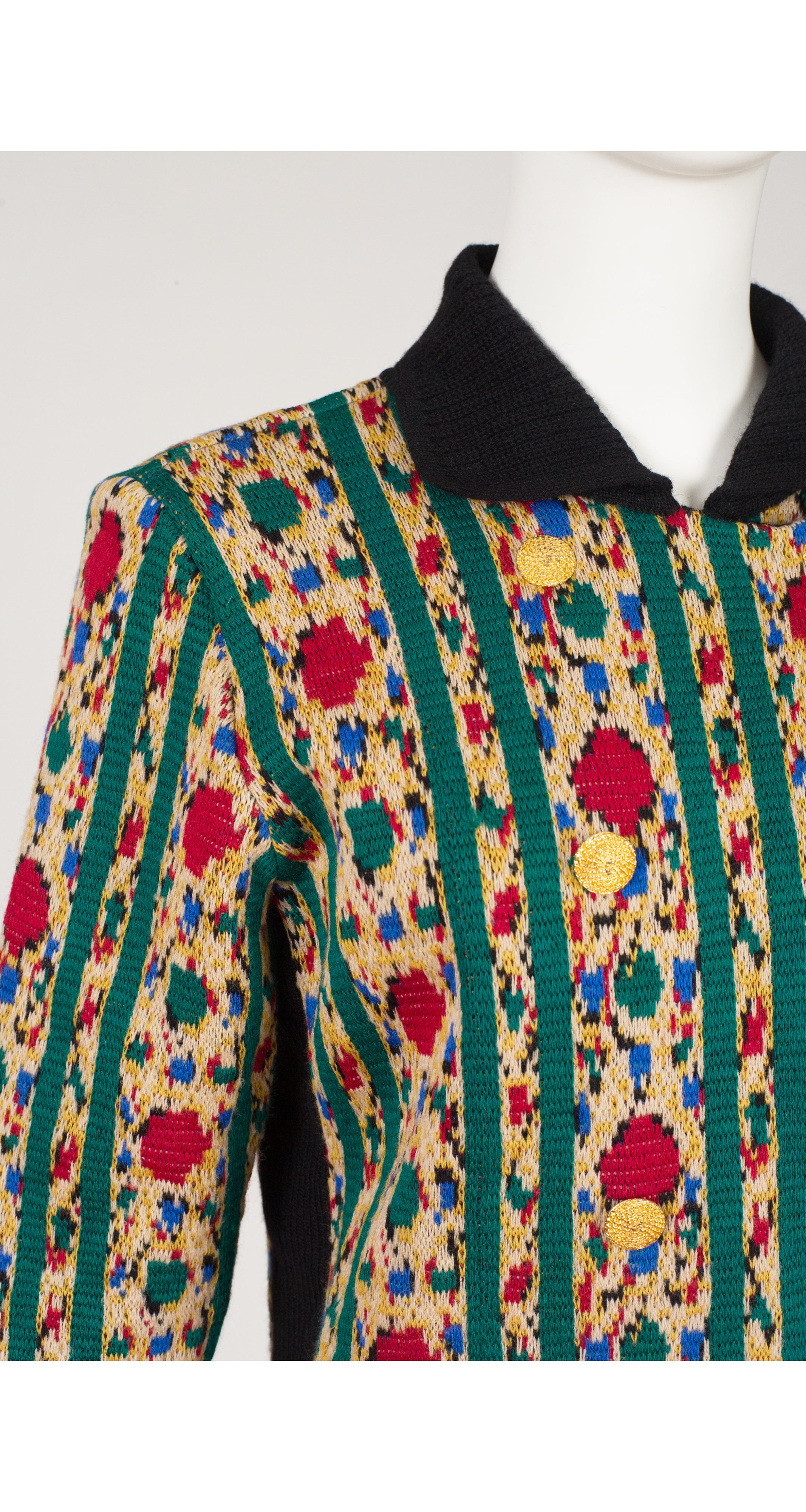 1980s Intarsia Wool Knit Double-Breasted Cardigan