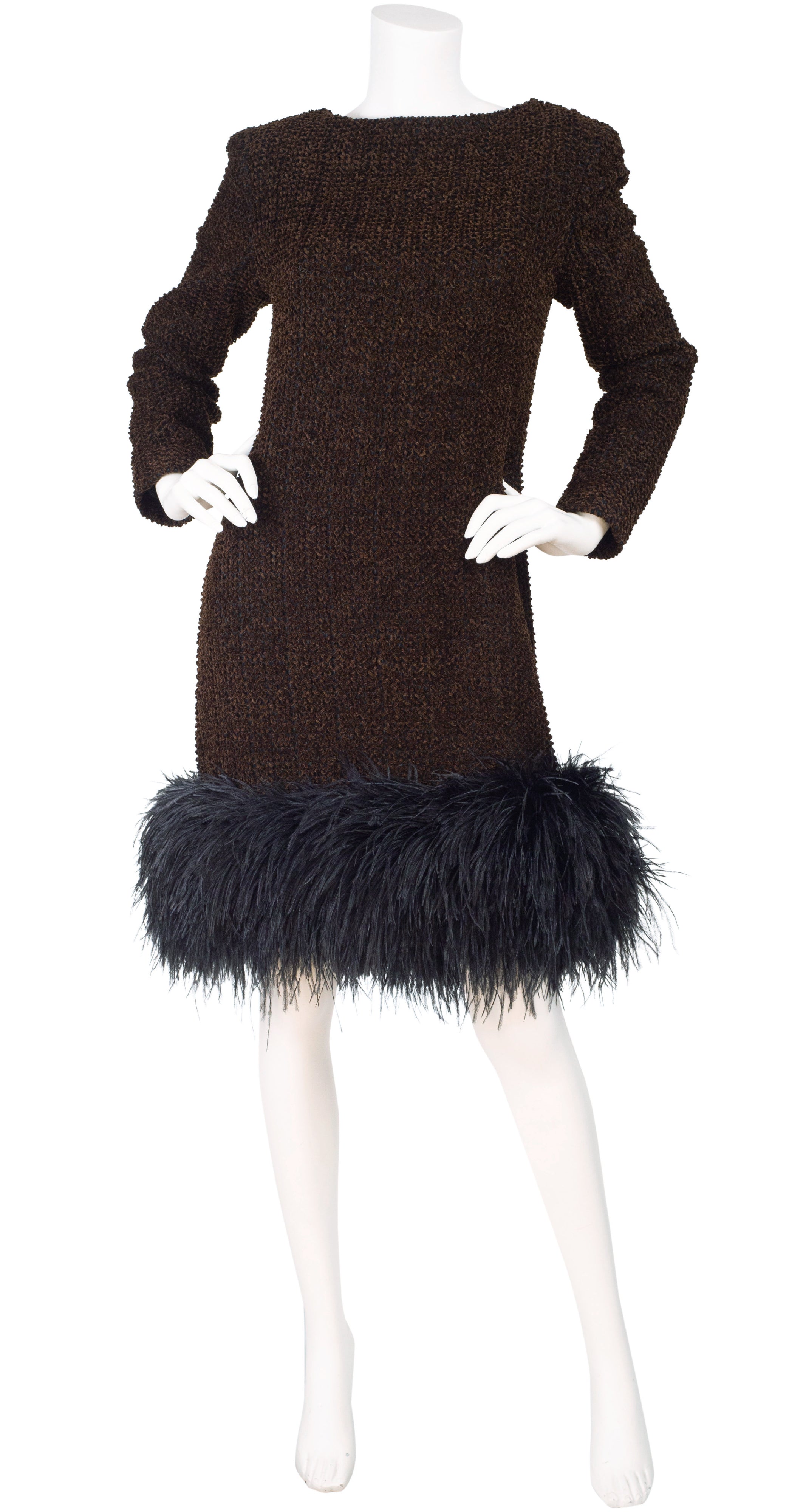 1990s Brown Chenille Ostrich Feather Trim Cocktail Dress