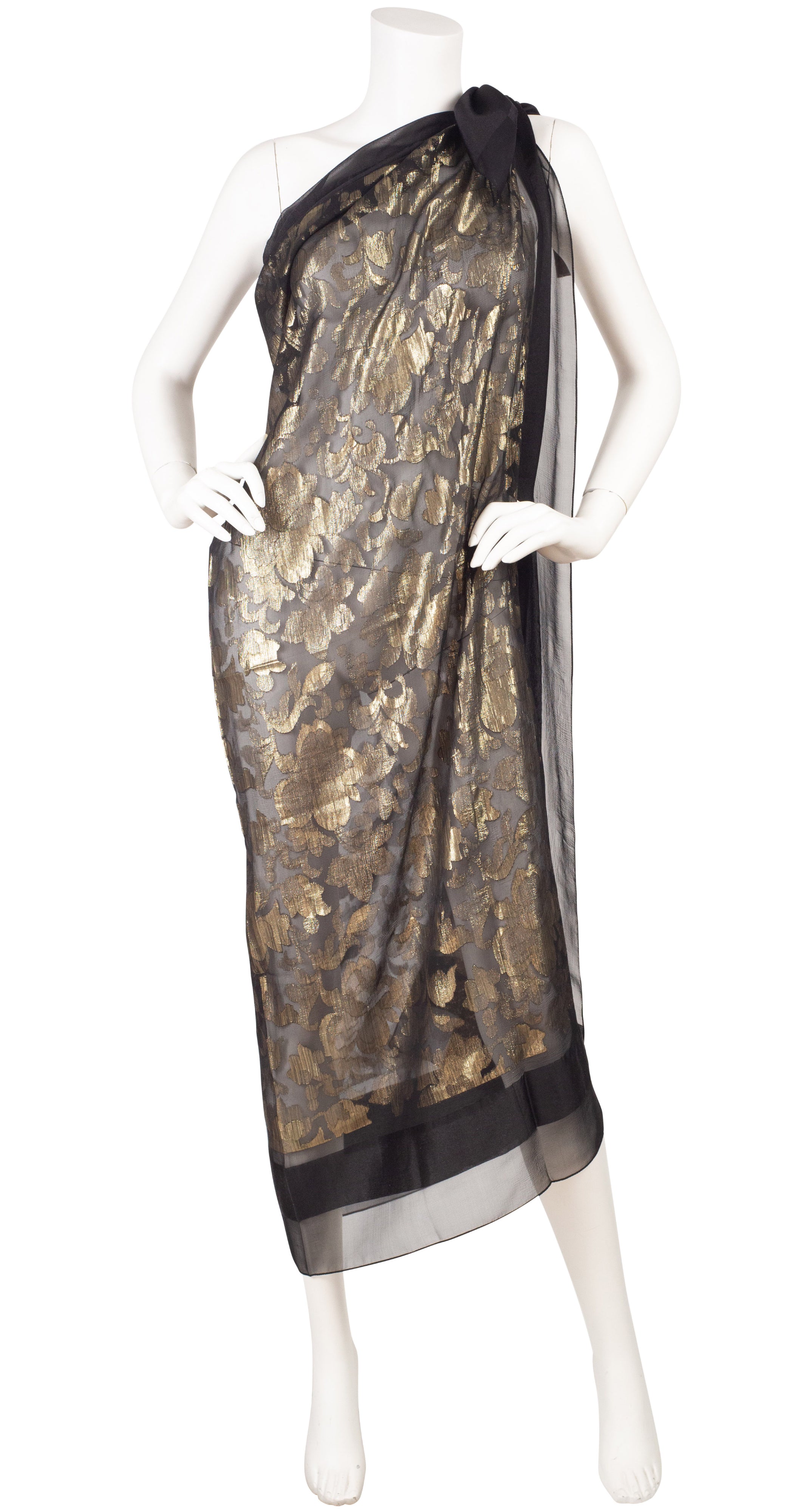 1970s Huge Gold Lamé & Black Silk Chiffon Scarf