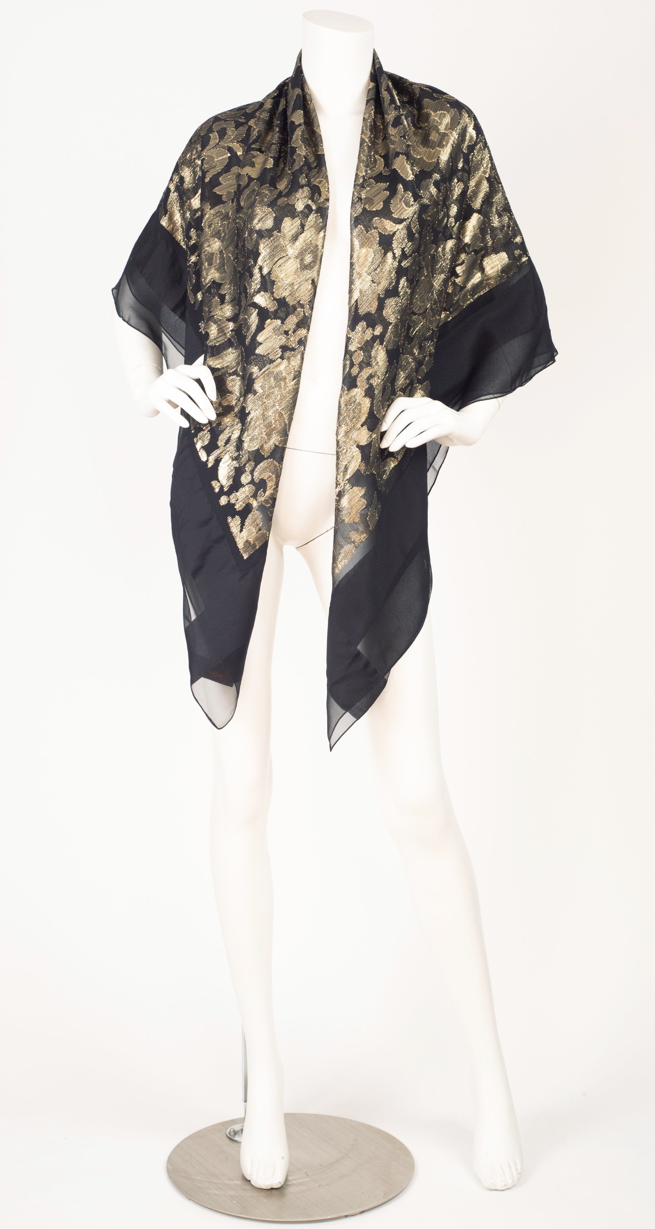 1970s Huge Gold Lamé & Black Silk Chiffon Scarf