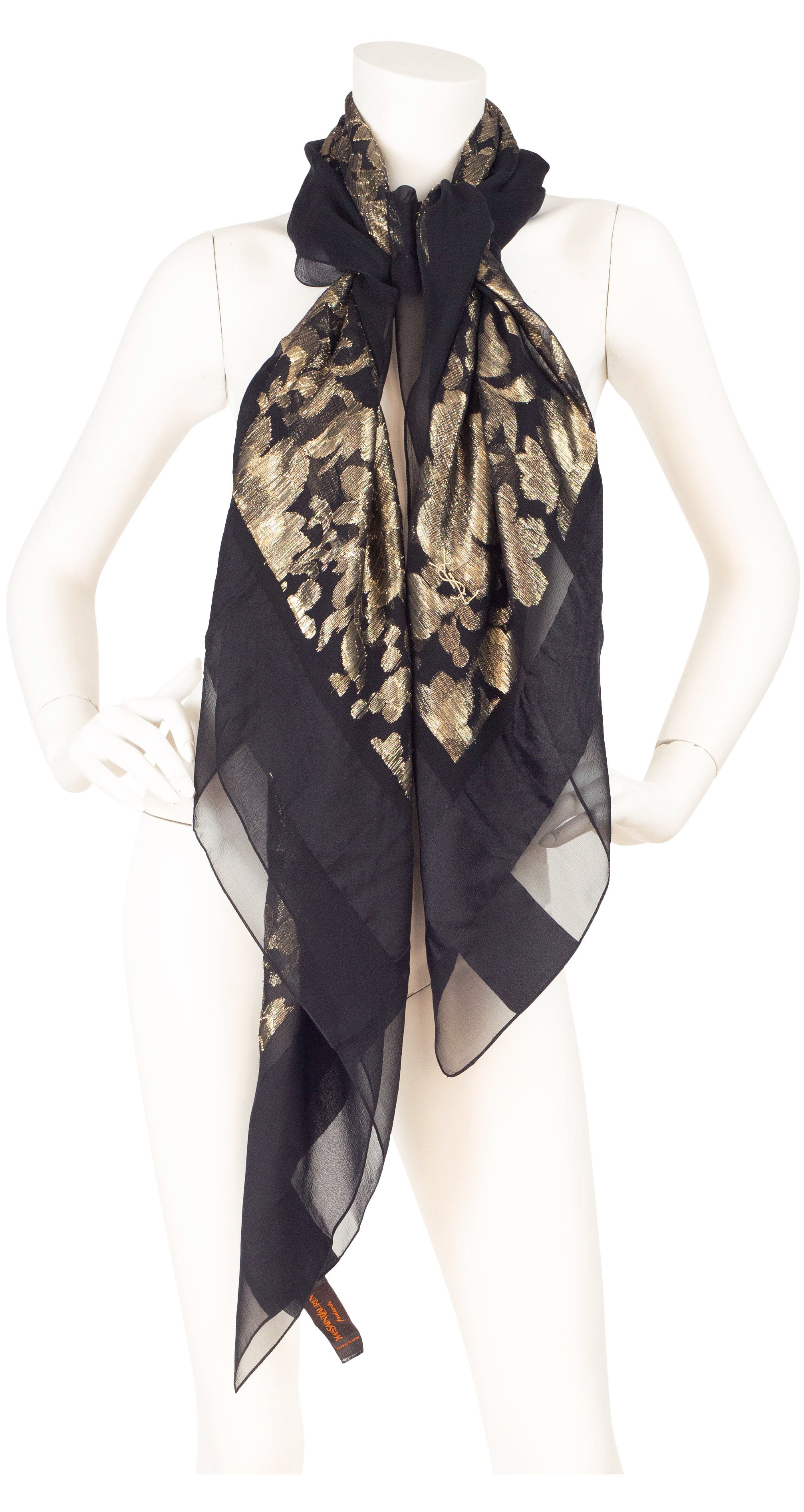 1970s Huge Gold Lamé & Black Silk Chiffon Scarf