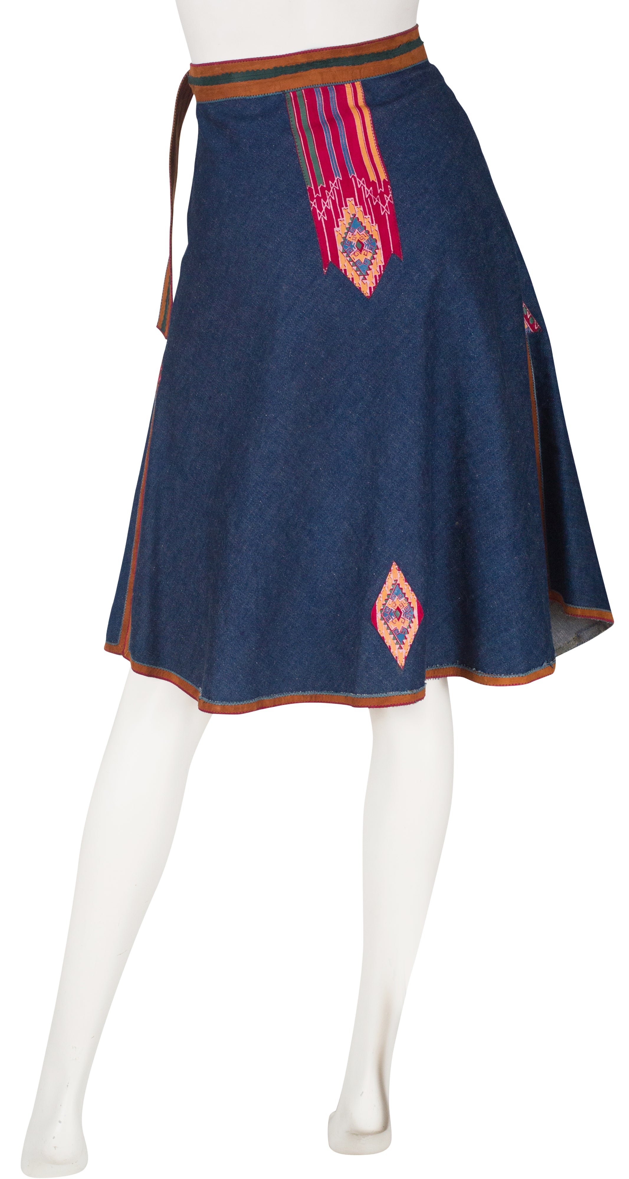 1970s Fringe Painted Suede Denim Skirt