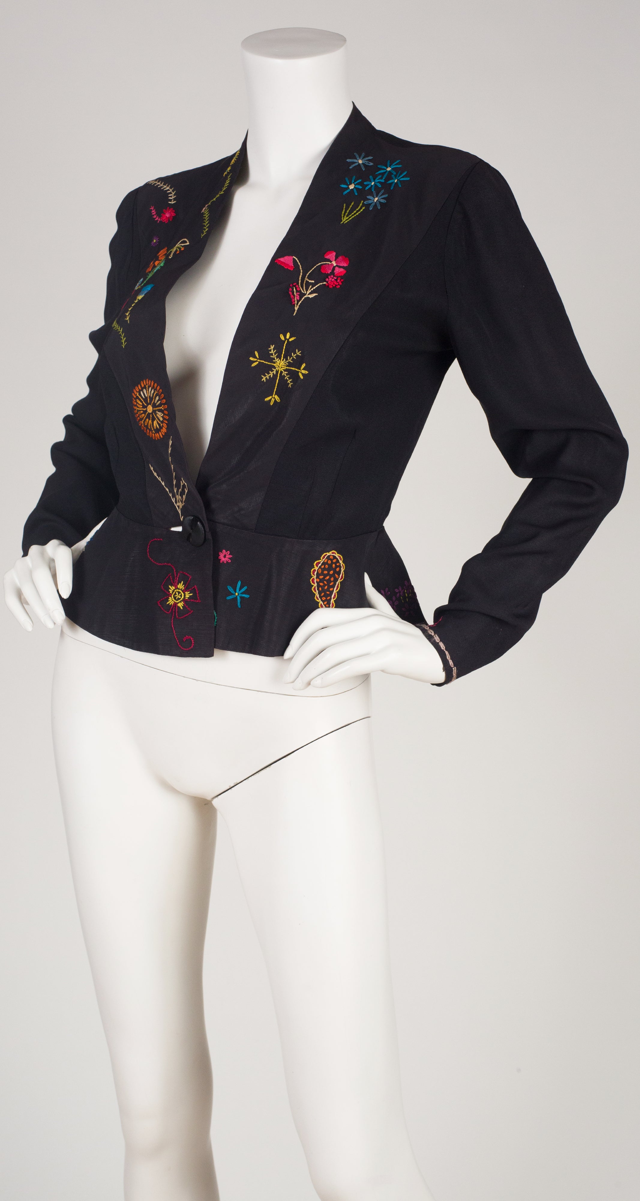 1930s Floral Hand-Embroidered Black Rayon Jacket