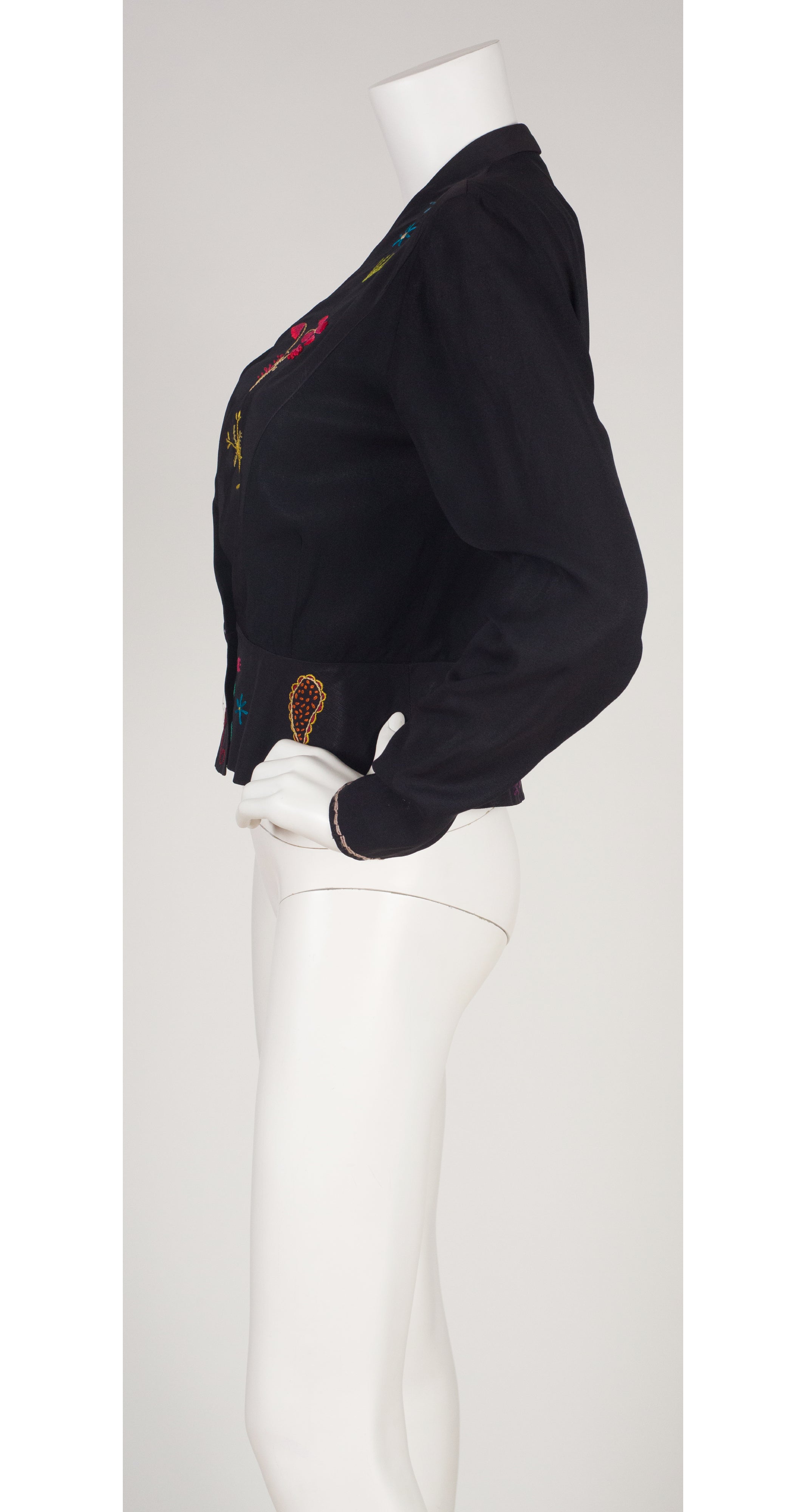 1930s Floral Hand-Embroidered Black Rayon Jacket