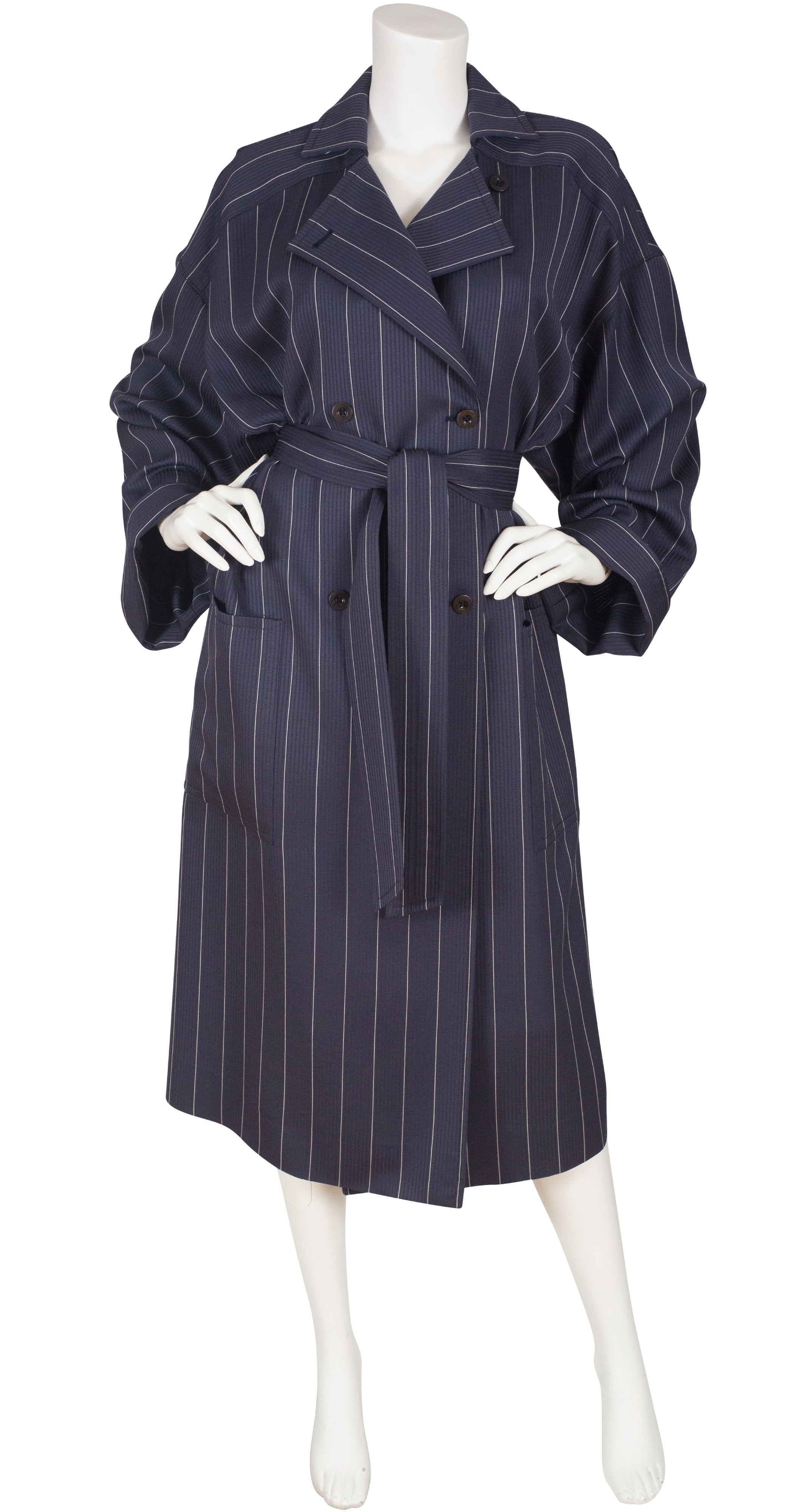 1970s Pinstripe Navy Wool Trench Coat