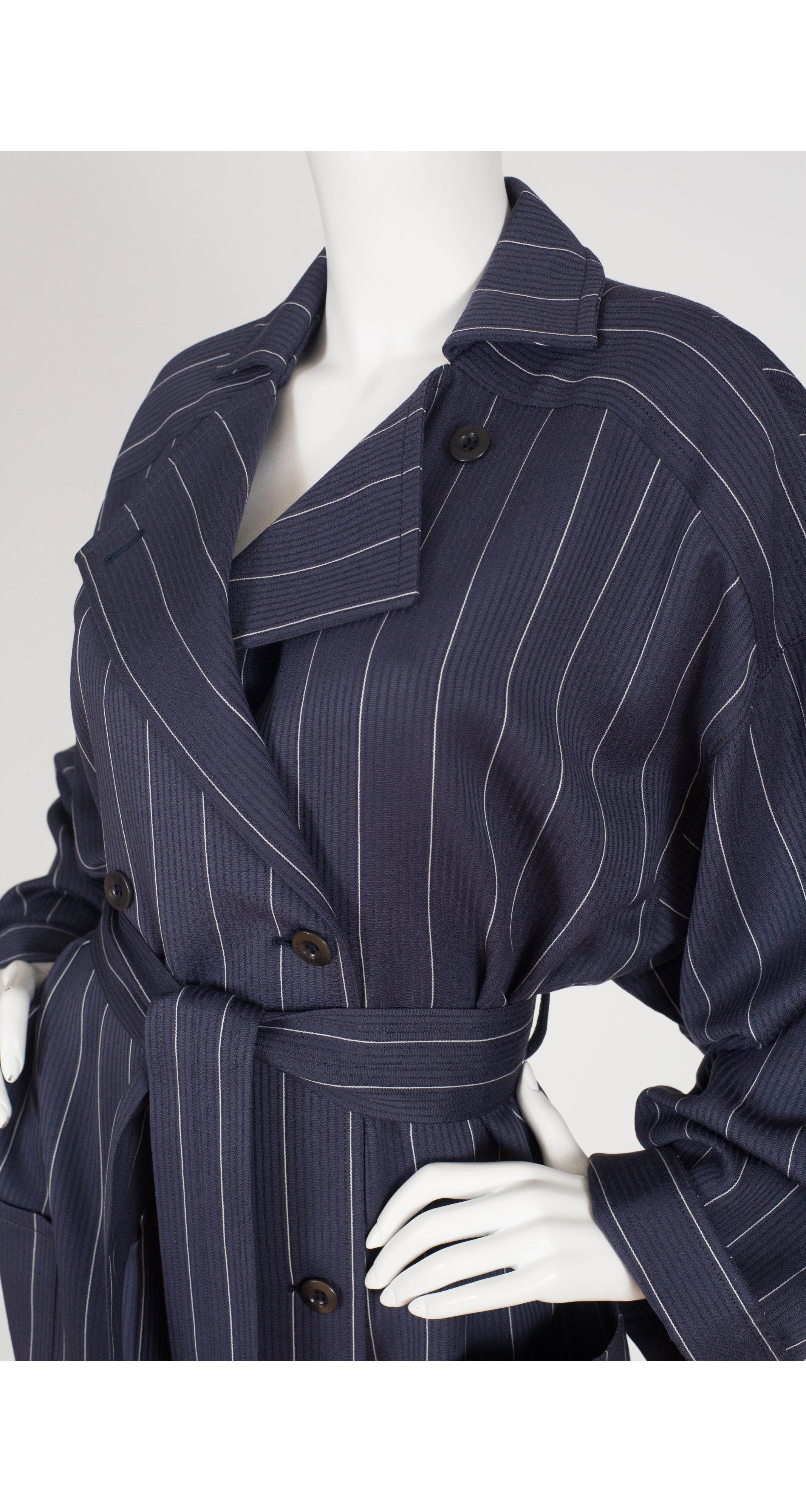 1970s Pinstripe Navy Wool Trench Coat