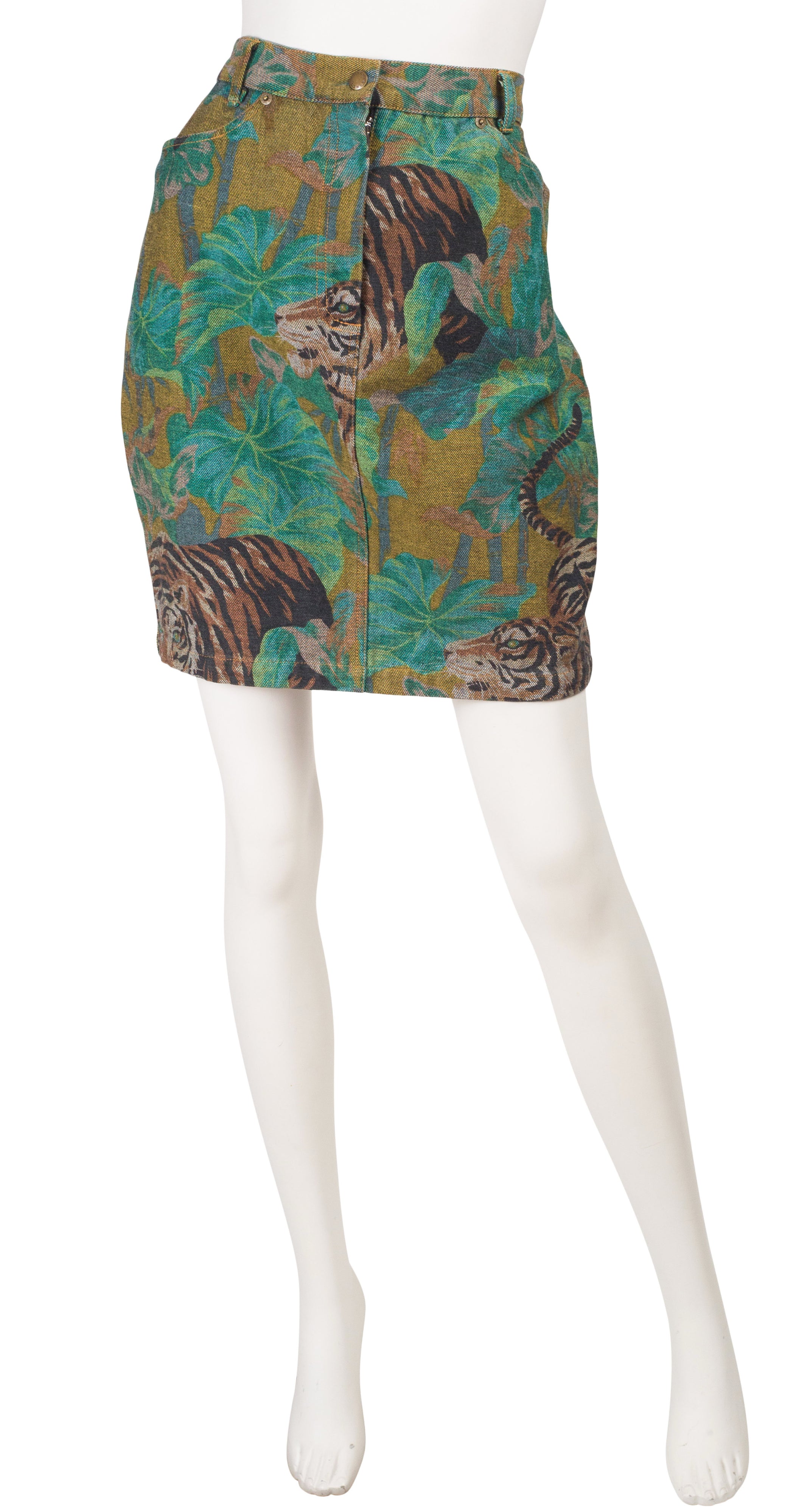 1980s Tiger Jungle Print Denim High-Waisted Mini Skirt