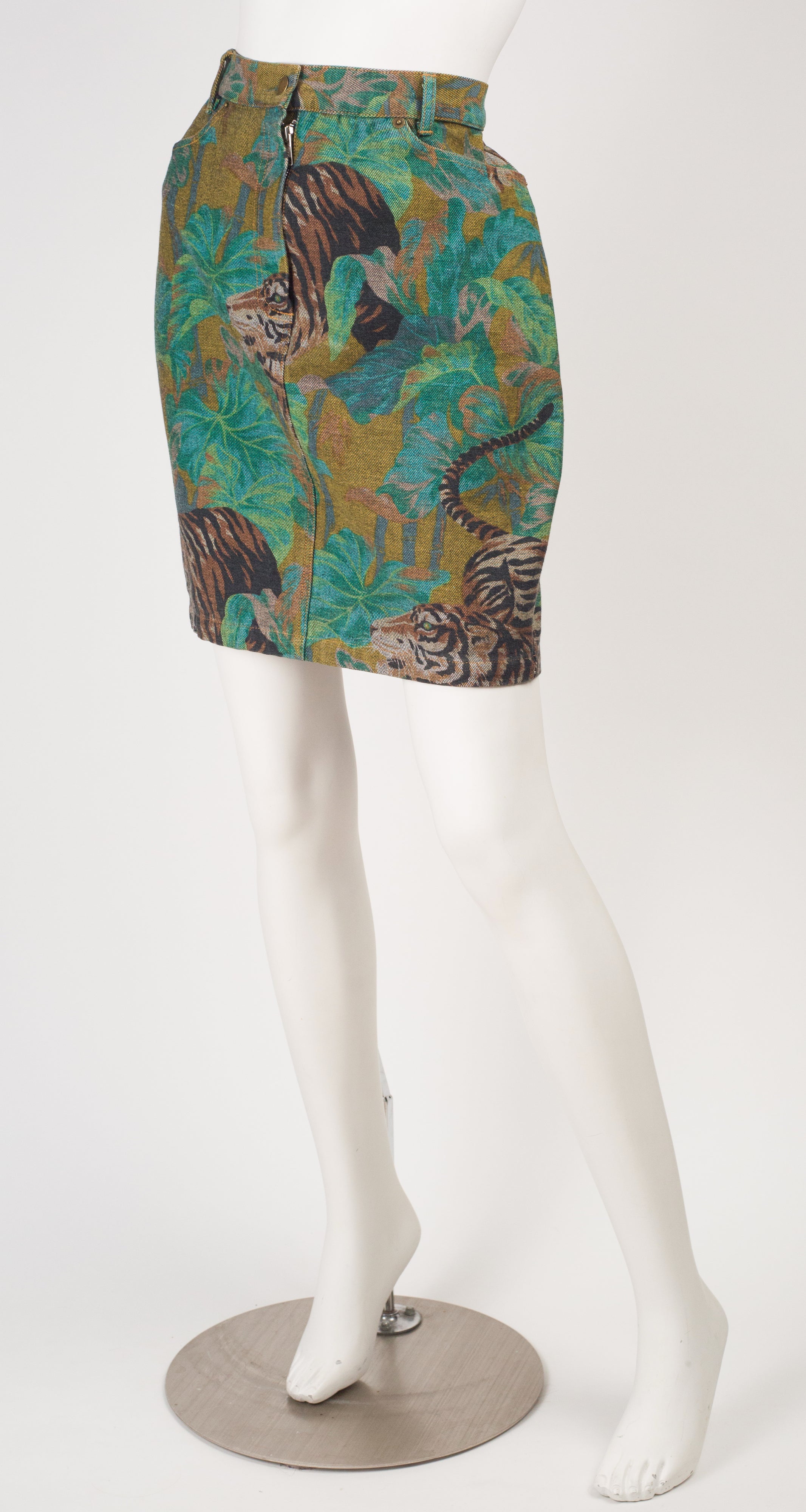 1980s Tiger Jungle Print Denim High-Waisted Mini Skirt