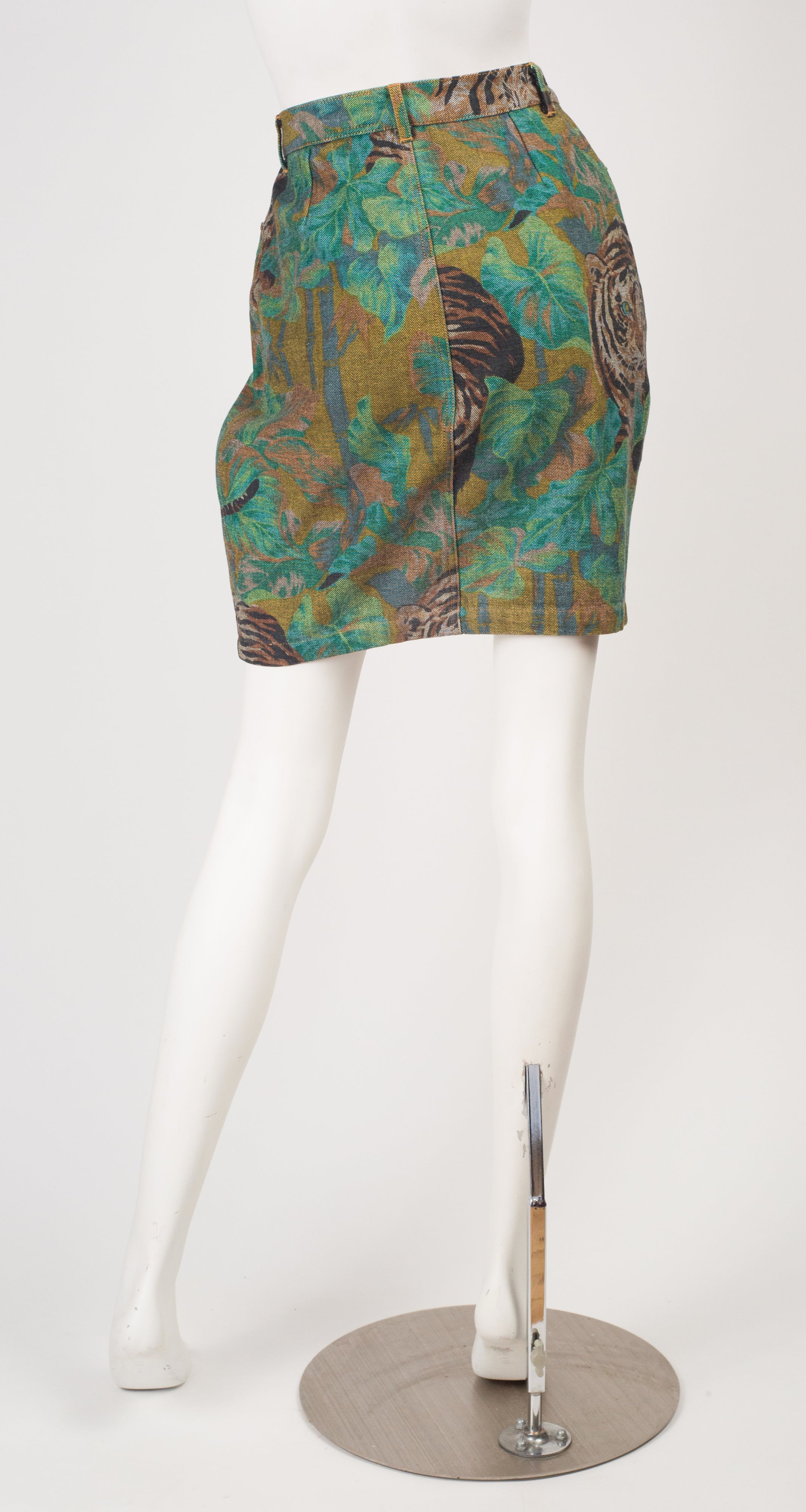 1980s Tiger Jungle Print Denim High-Waisted Mini Skirt