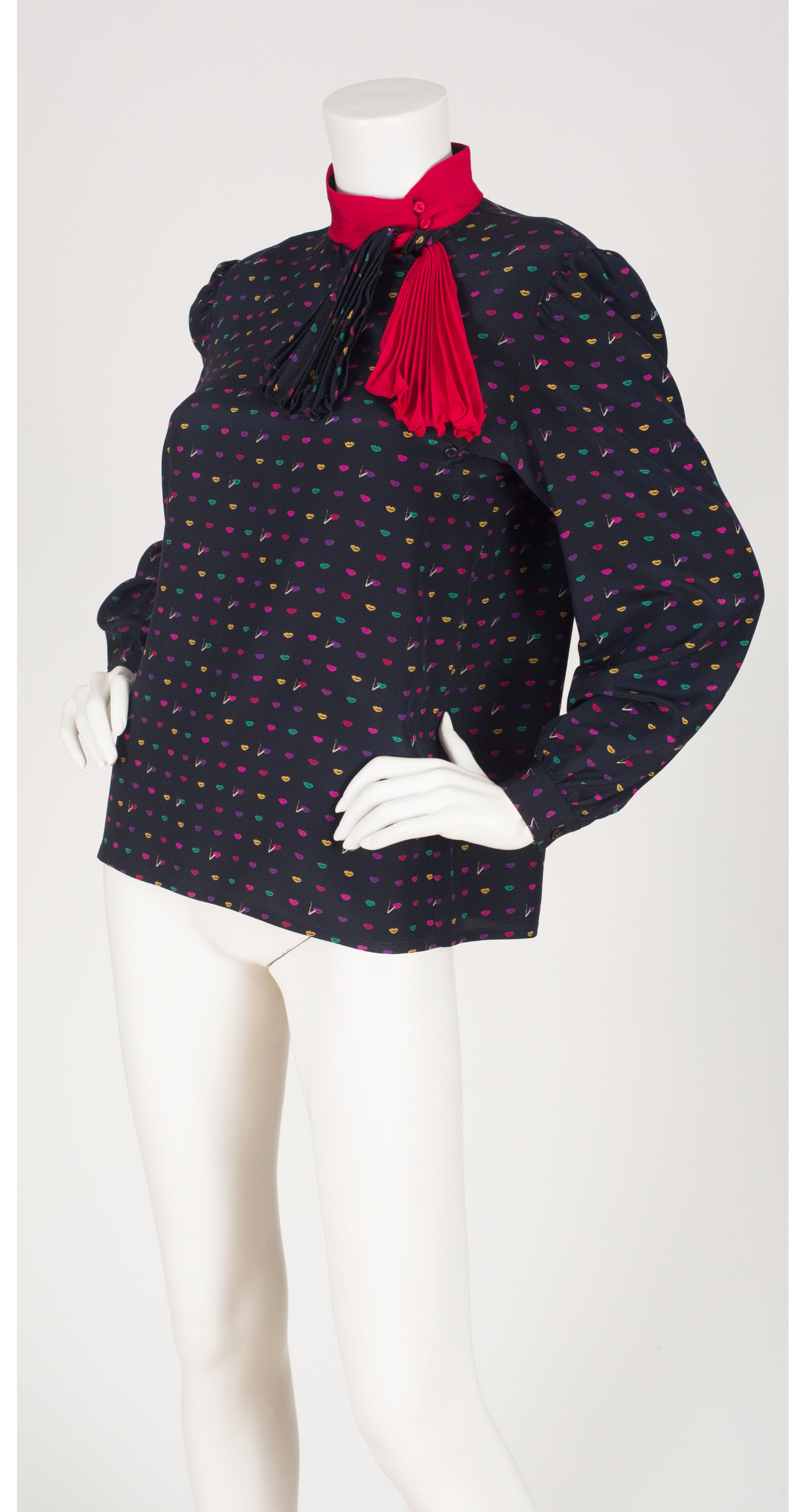 1970s Smoking Lips Novelty Print Silk Skirt Set