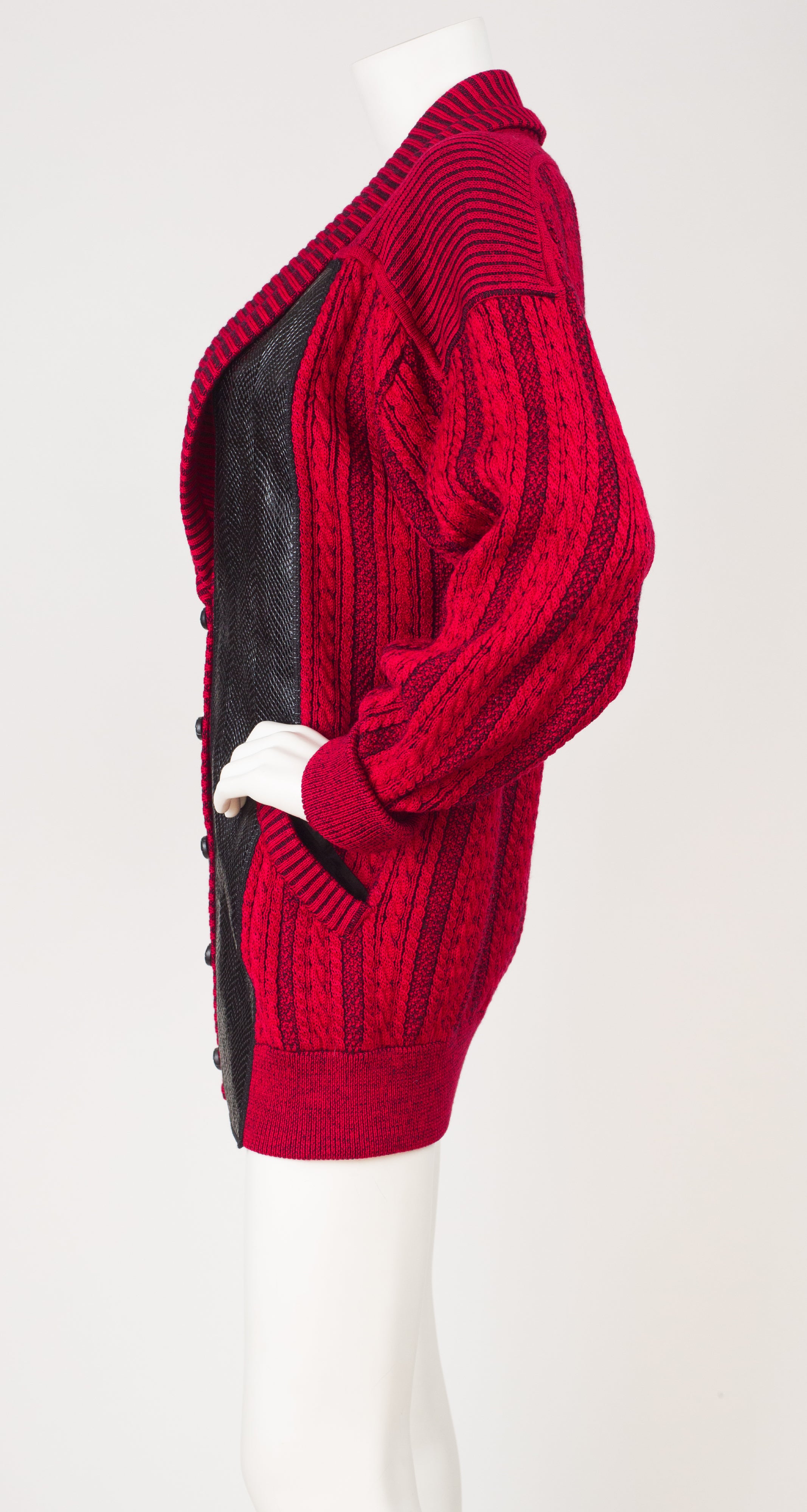 1980s Embossed Leather & Red Wool Cable Knit Cardigan
