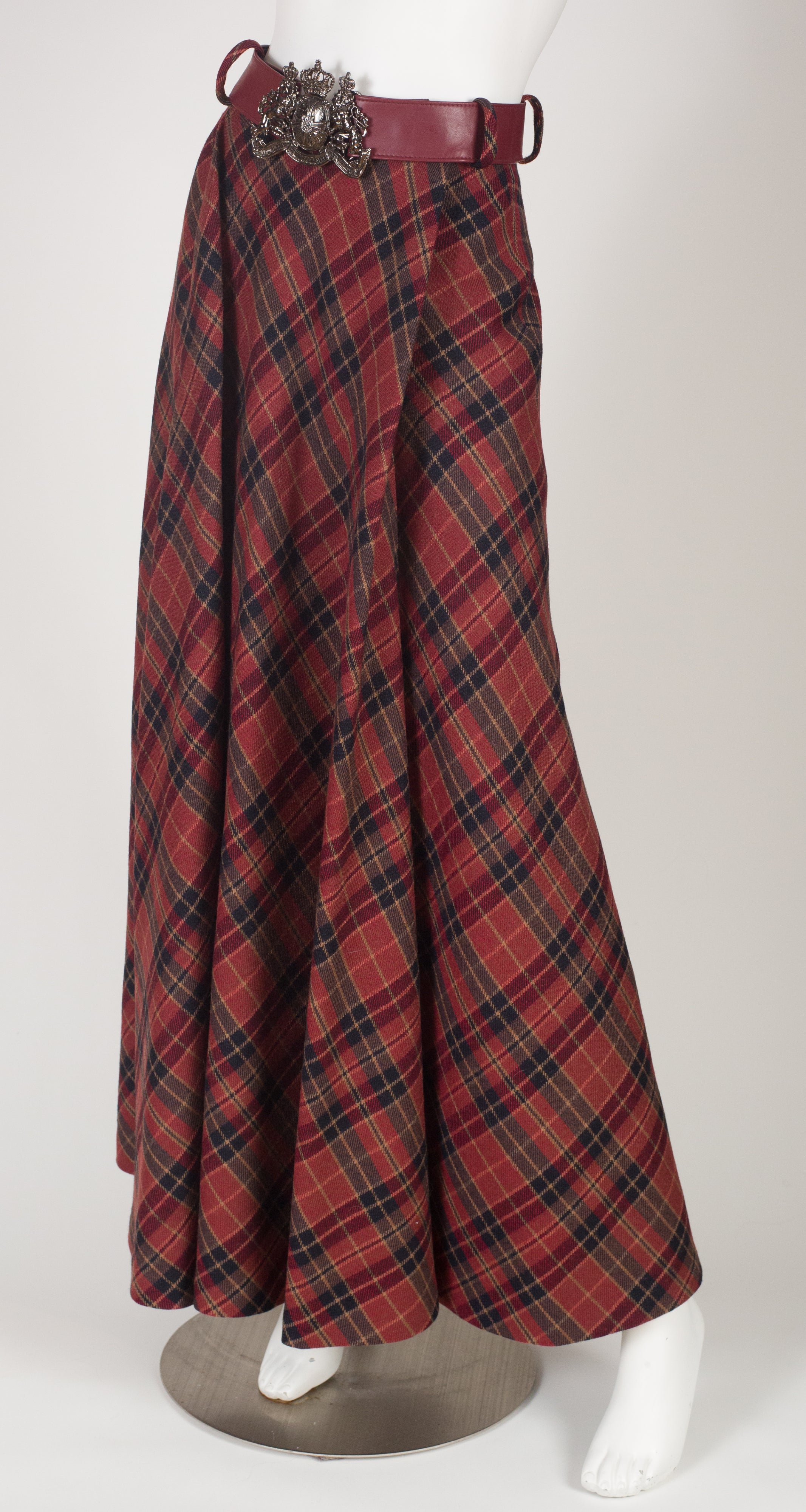 1970s Burgundy Plaid Wool Belted Maxi Skirt