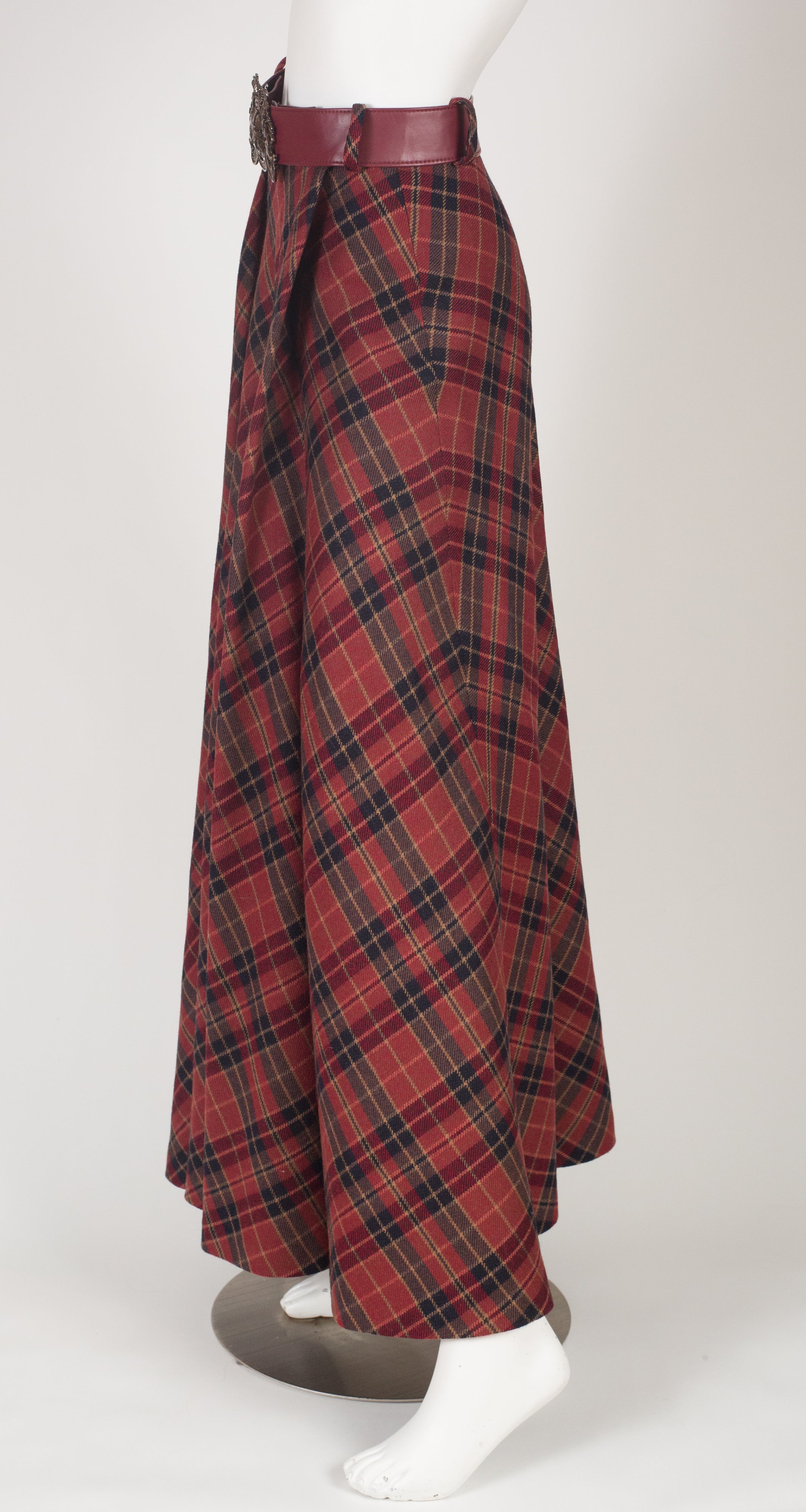 1970s Burgundy Plaid Wool Belted Maxi Skirt