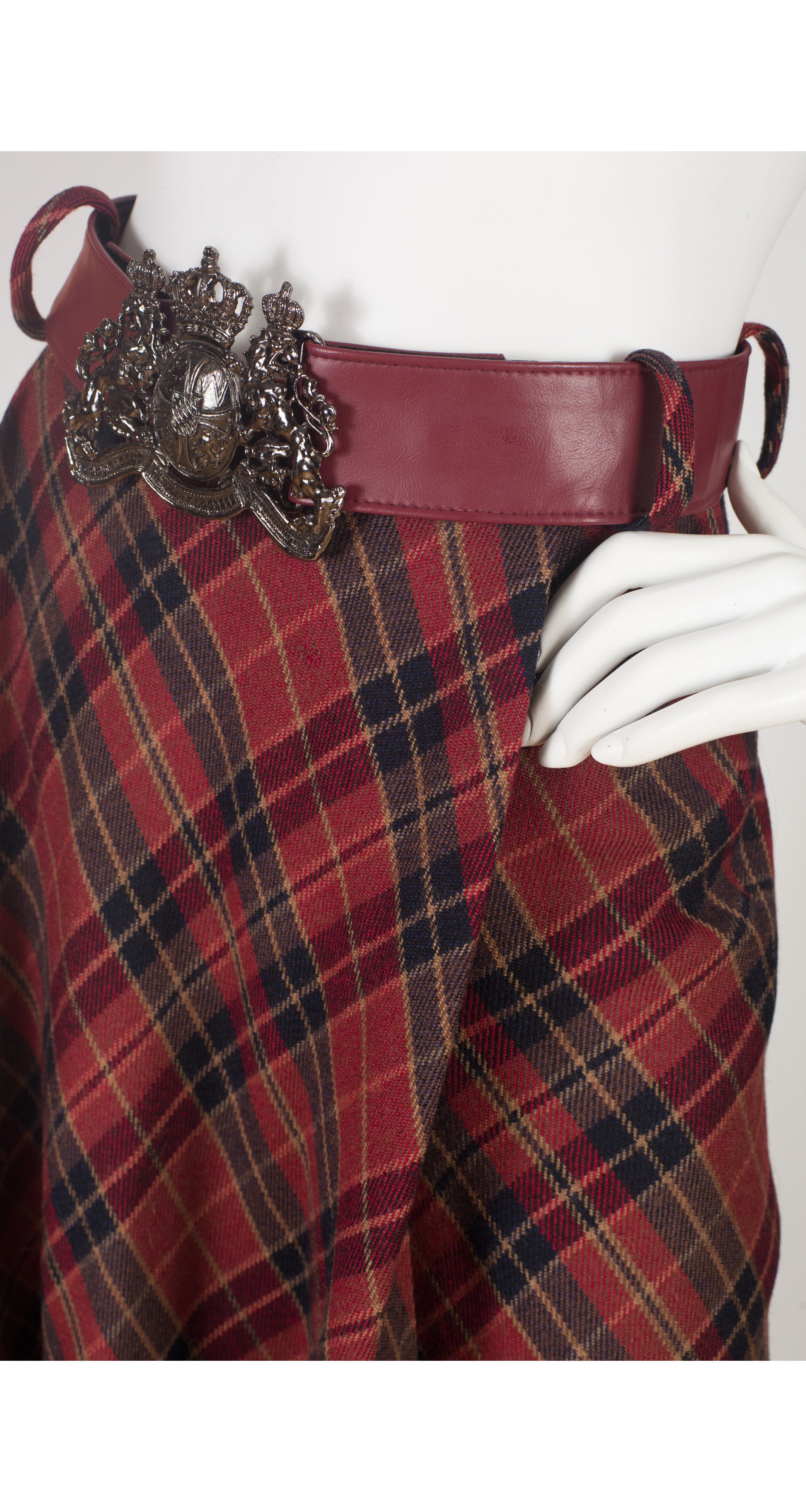 1970s Burgundy Plaid Wool Belted Maxi Skirt