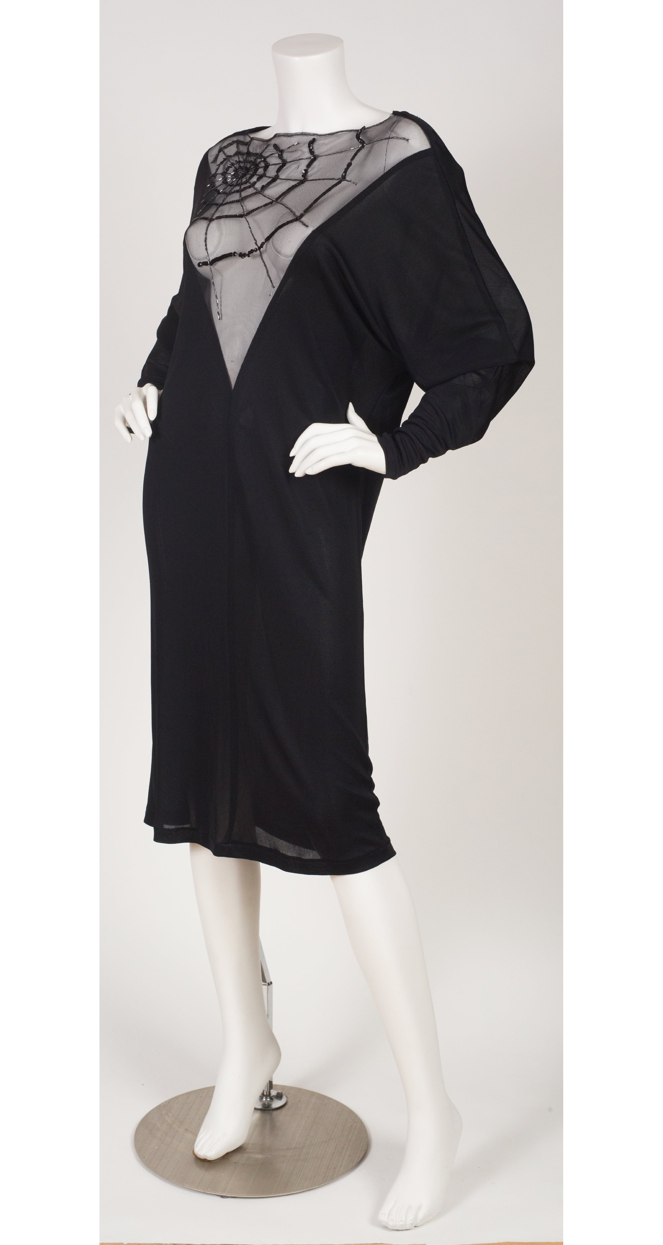 1980s French Sequin Spider Web Black Jersey Dress