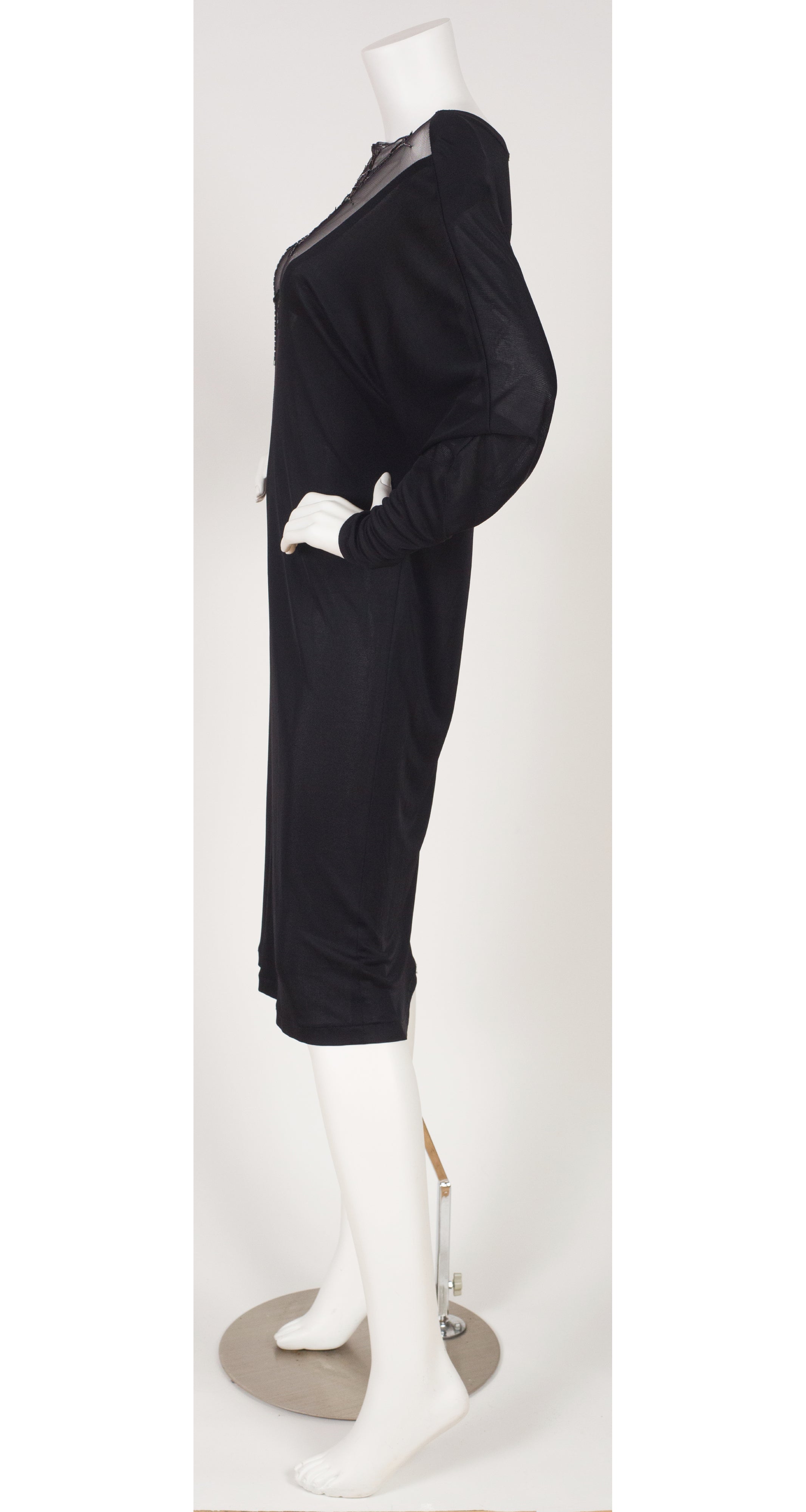 1980s French Sequin Spider Web Black Jersey Dress