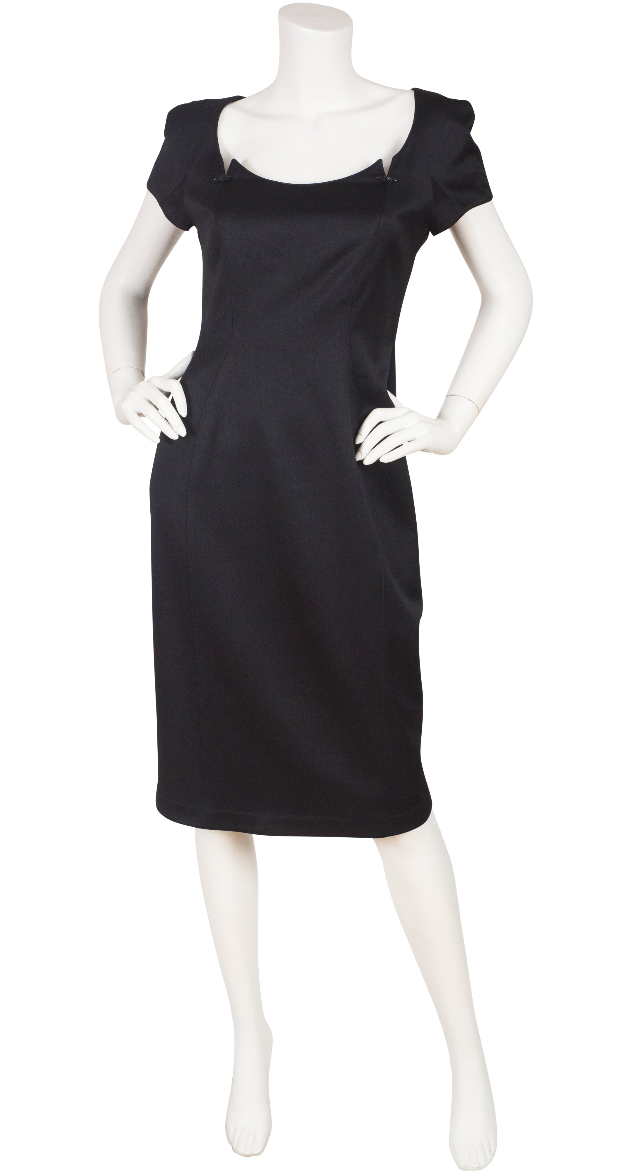 1990s Black Wool Pointed Neckline Dress