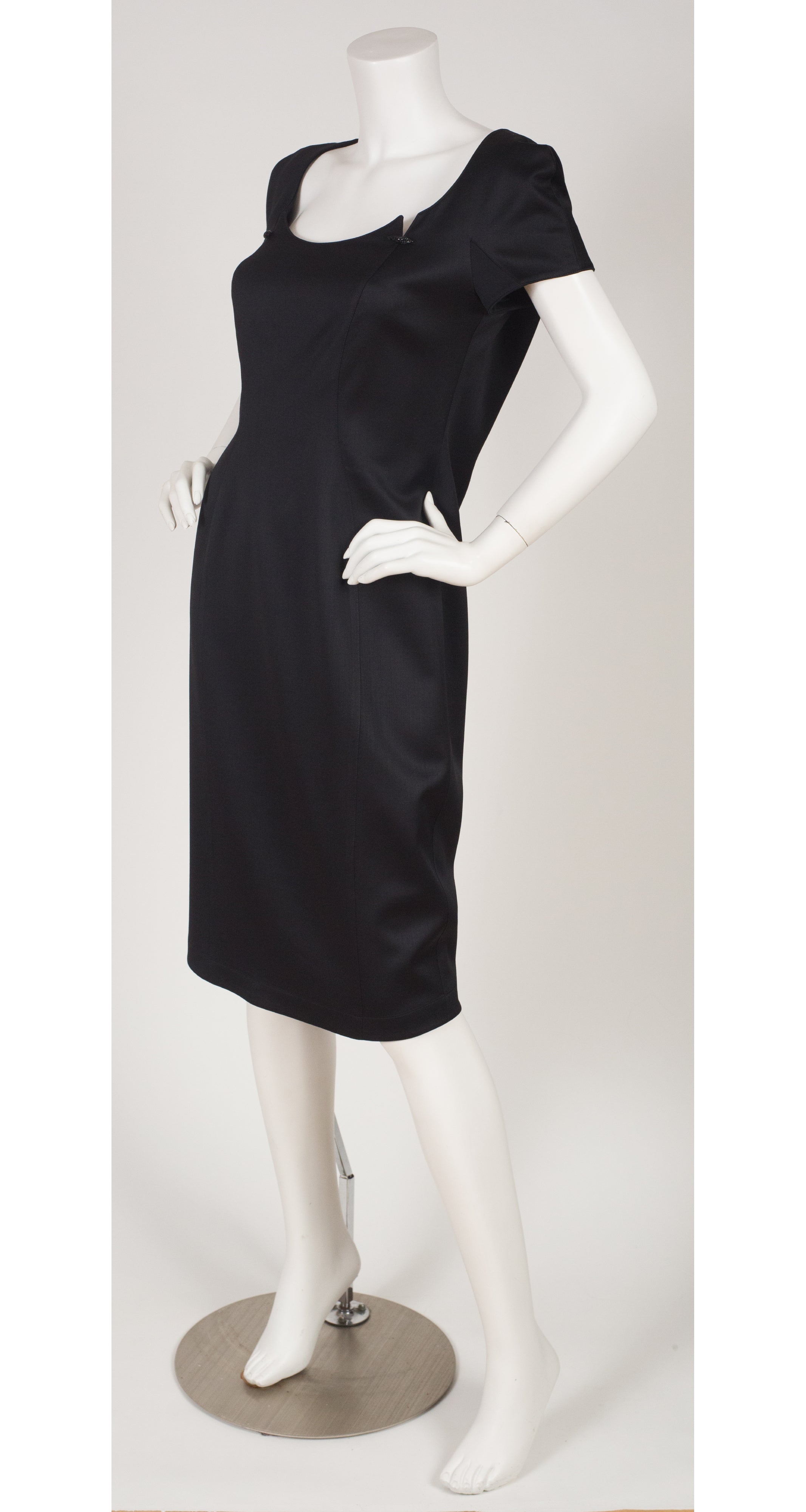 1990s Black Wool Pointed Neckline Dress