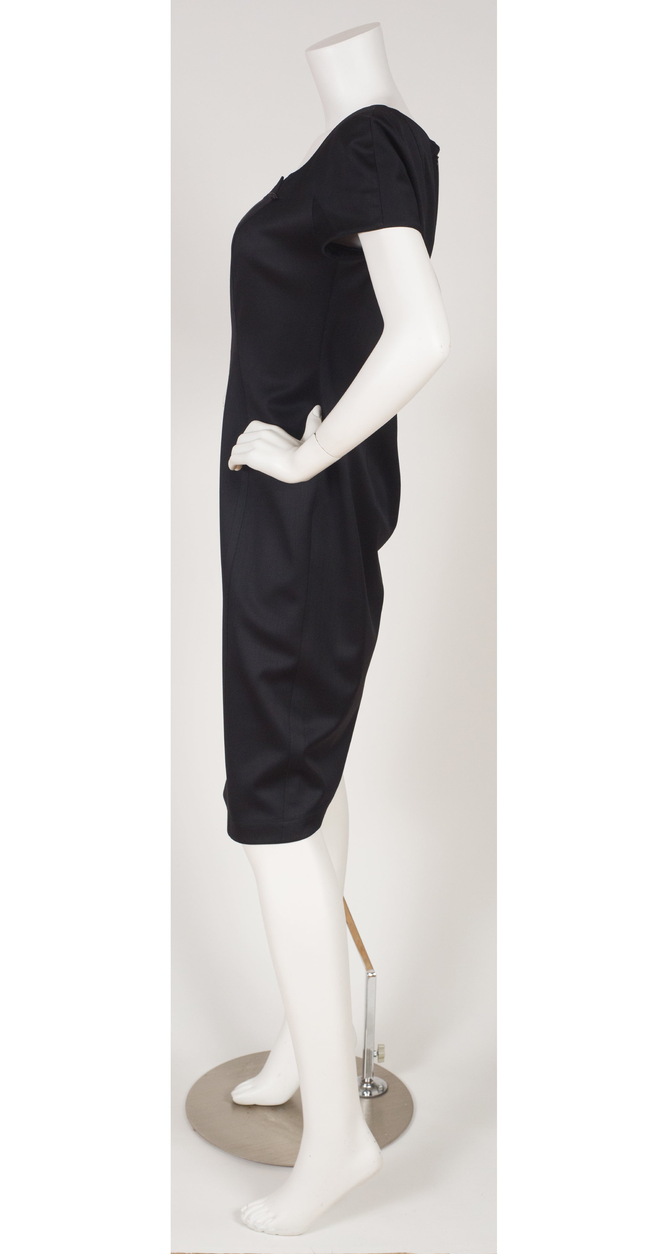 1990s Black Wool Pointed Neckline Dress