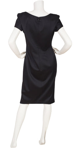 1990s Black Wool Pointed Neckline Dress