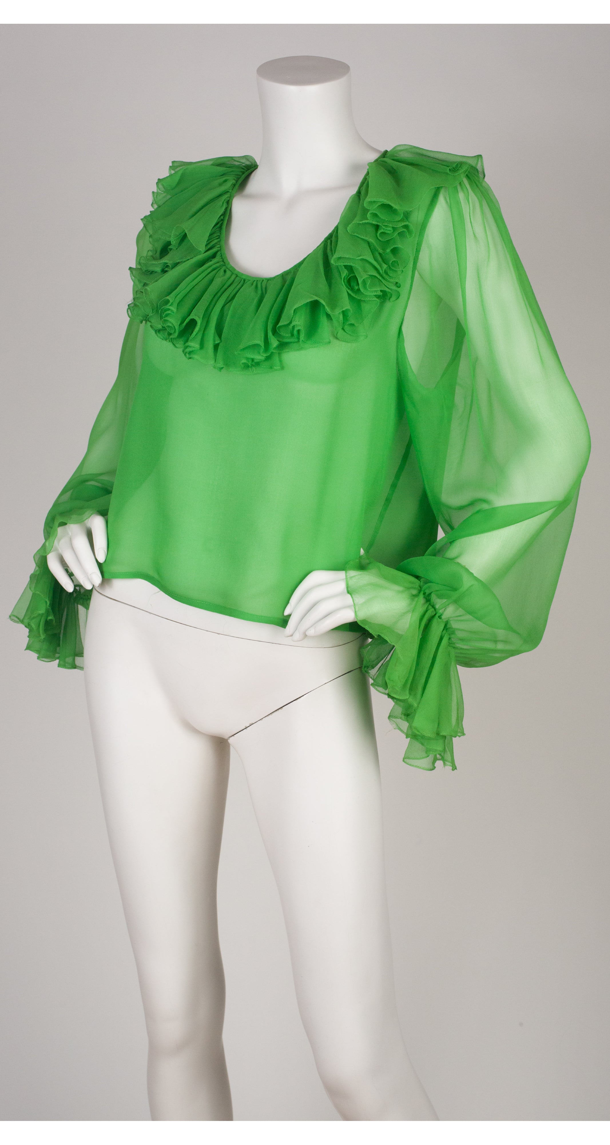 1980s Green Silk Chiffon Ruffle Blouse
