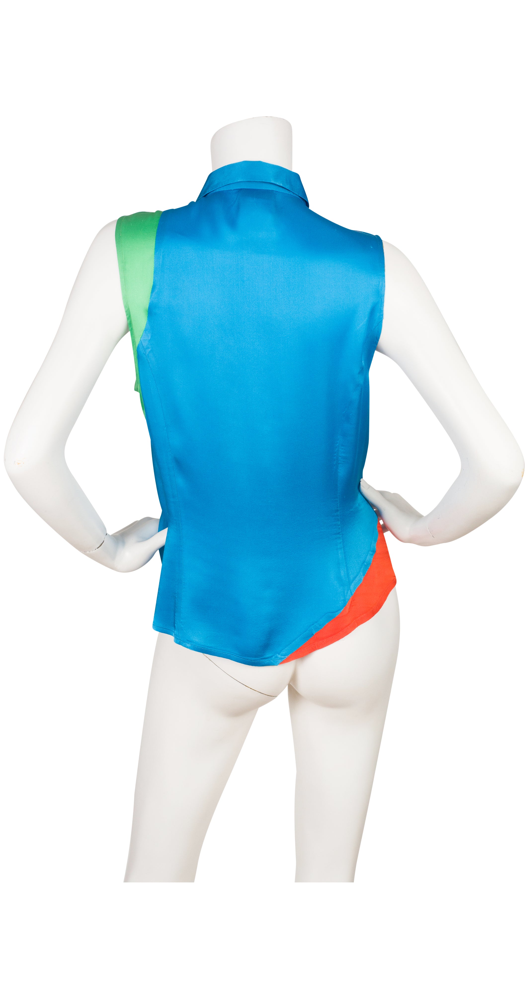 2000s Color-Block Blue Satin Collared Top