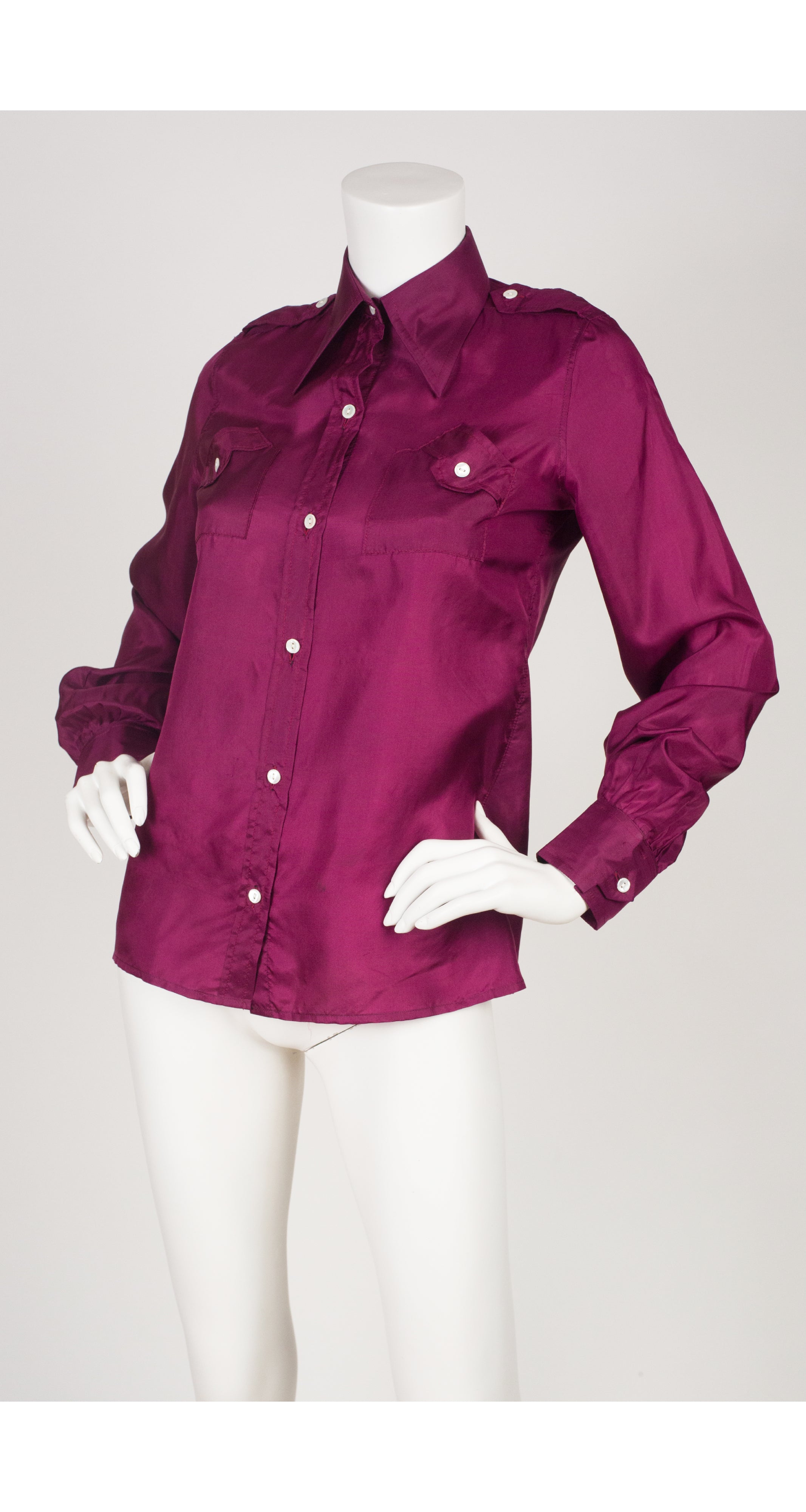 1970s Magenta Silk Collared Button-Up Shirt
