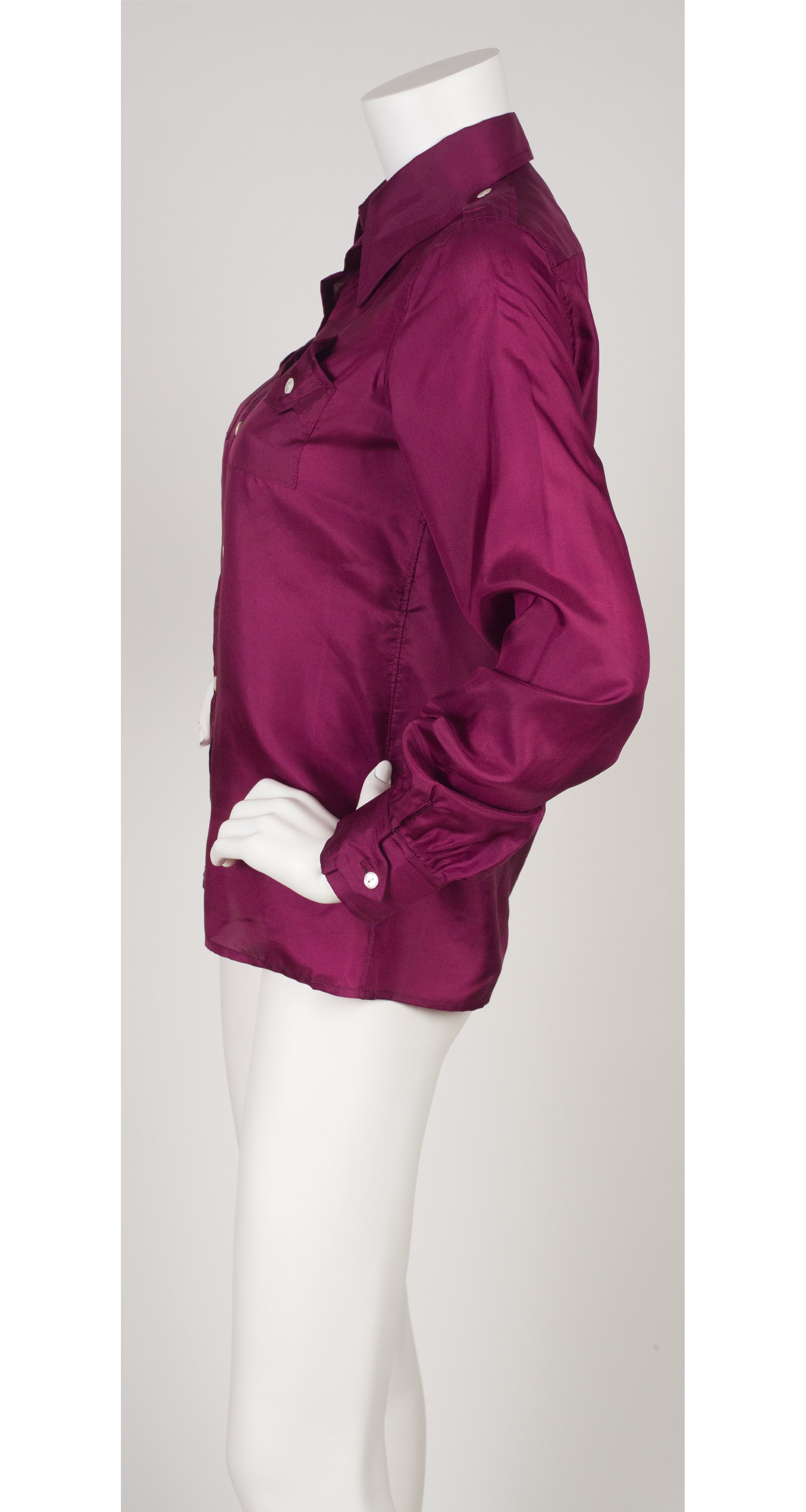 1970s Magenta Silk Collared Button-Up Shirt