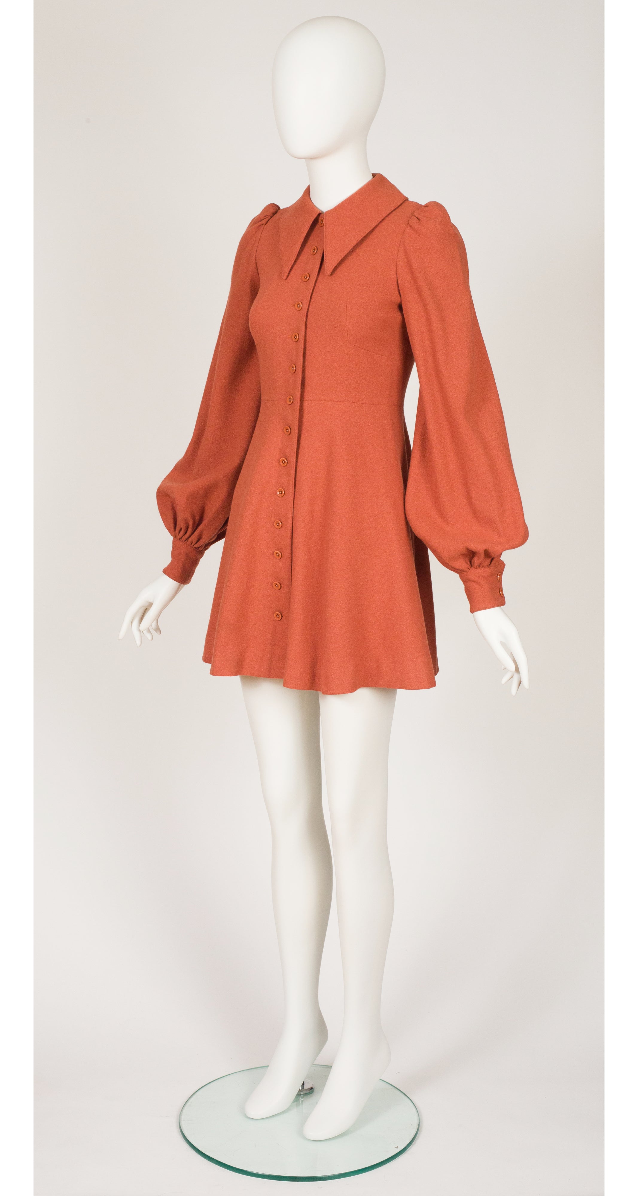 1970s Terracotta Wool Bishop Sleeve Mini Dress