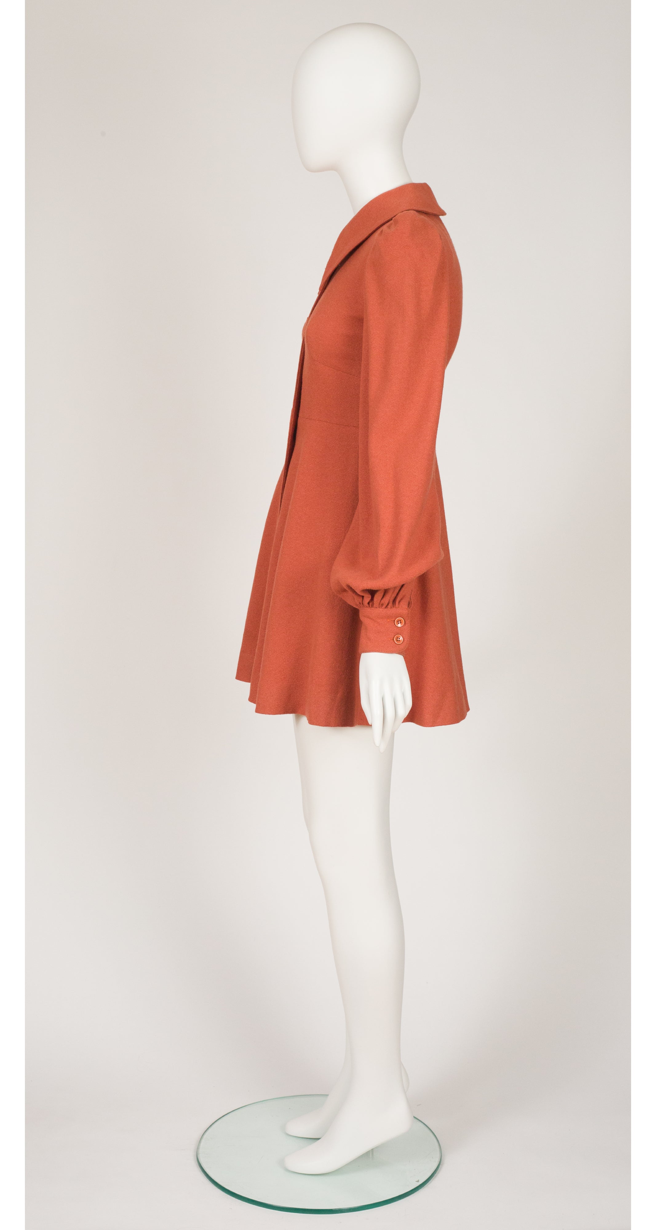 1970s Terracotta Wool Bishop Sleeve Mini Dress