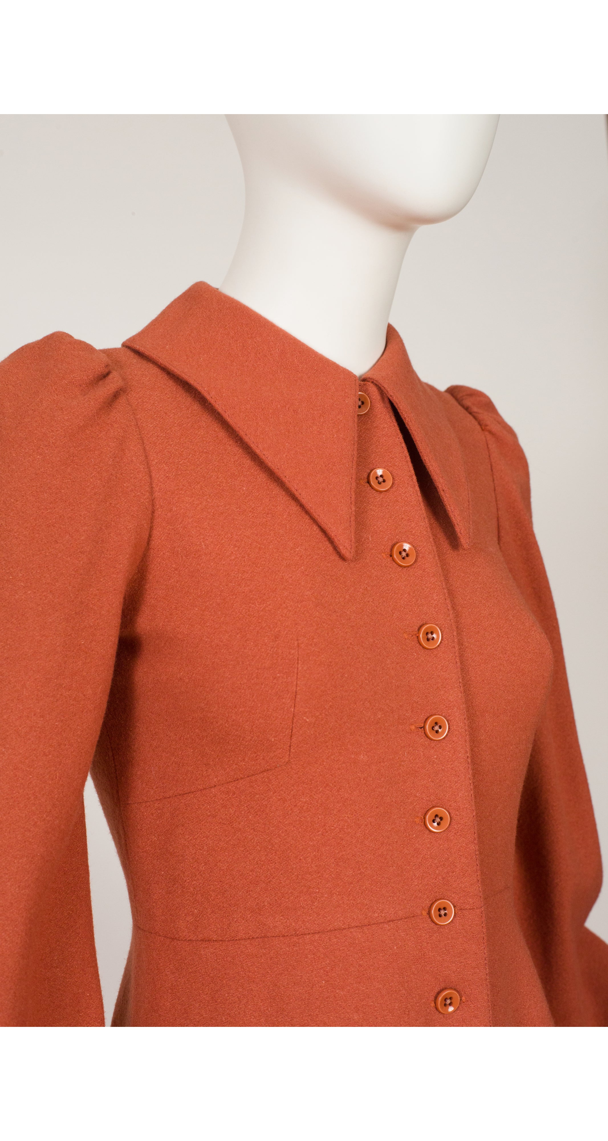 1970s Terracotta Wool Bishop Sleeve Mini Dress