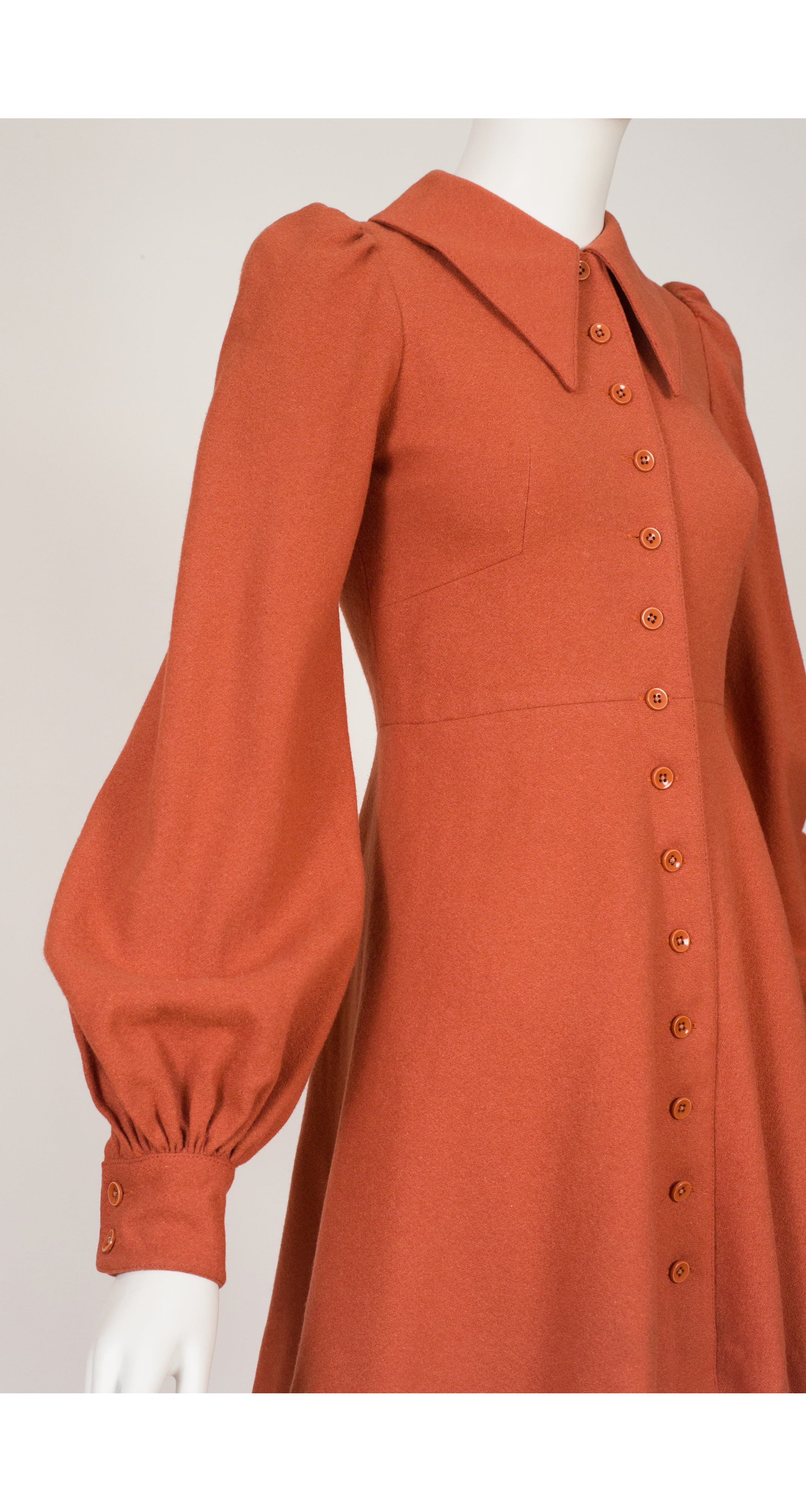 1970s Terracotta Wool Bishop Sleeve Mini Dress