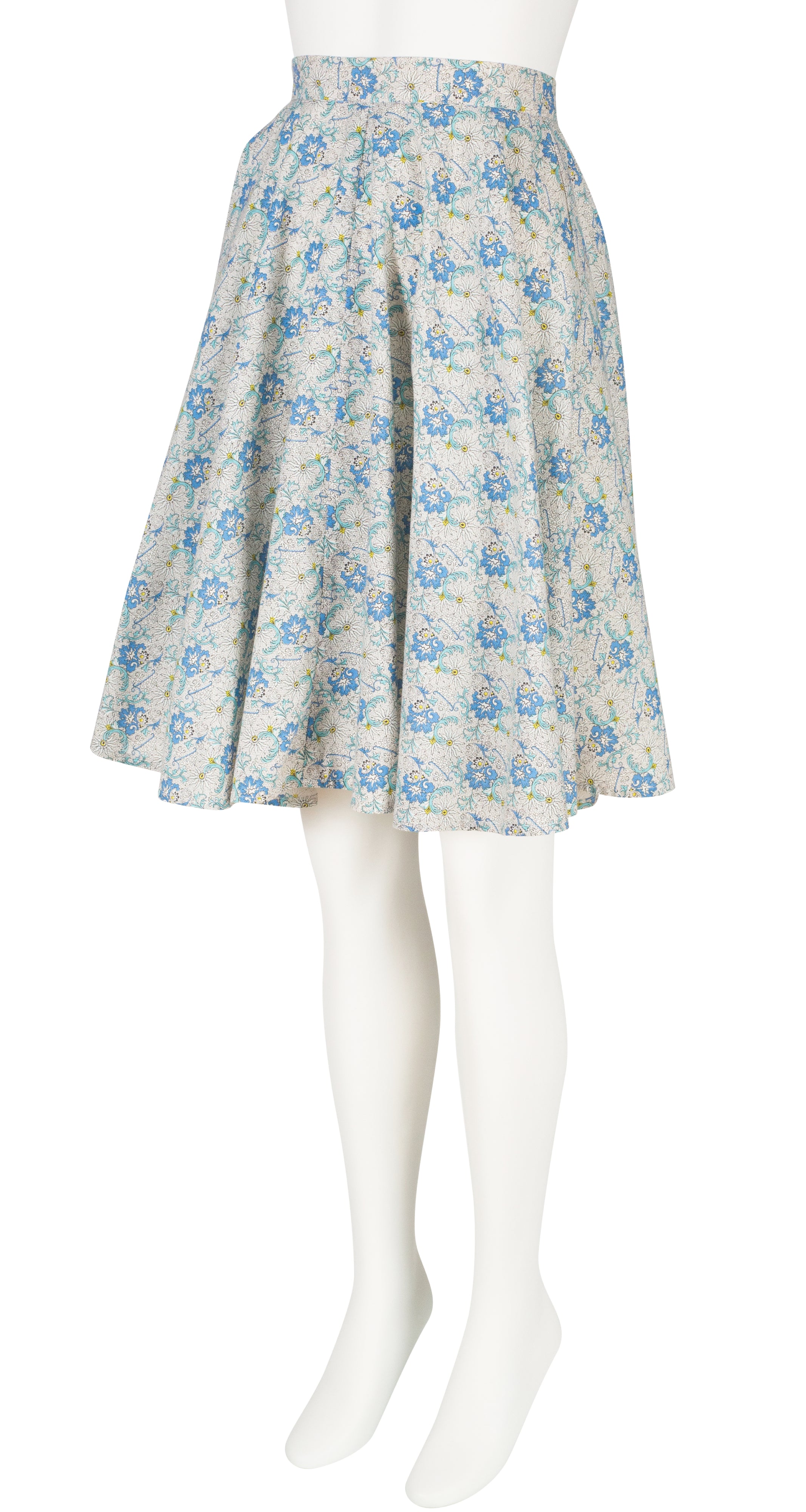 1970s Blue Floral Cotton Billowing Sleeve Blouse & Skirt Set