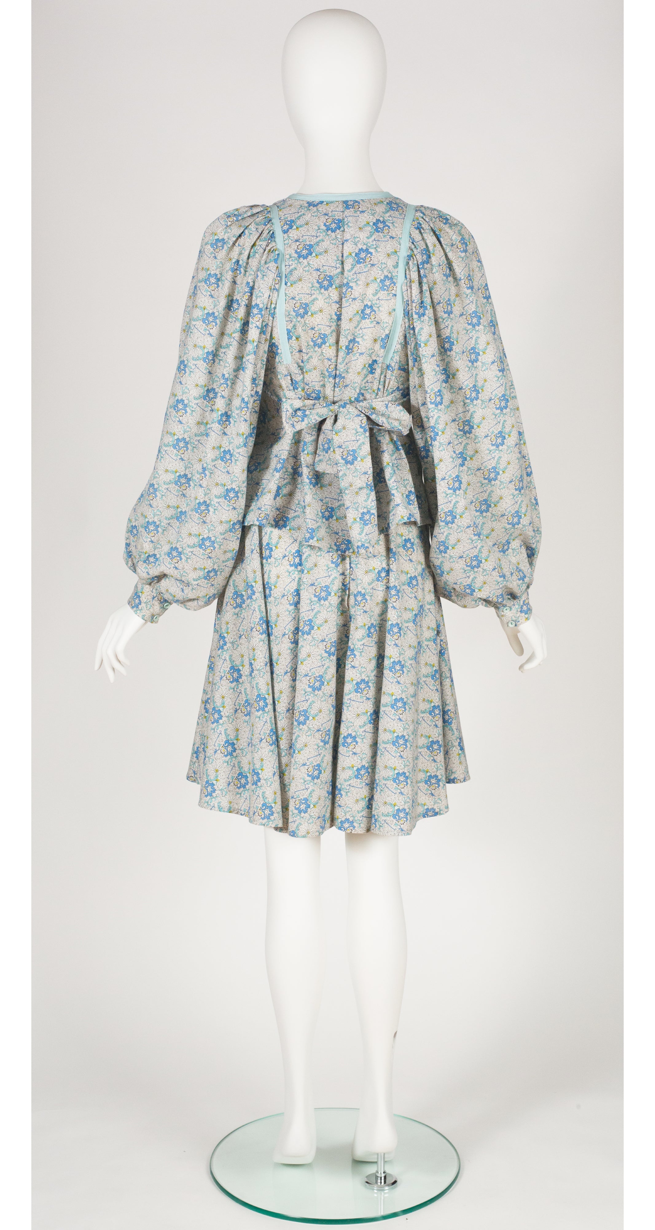 1970s Blue Floral Cotton Billowing Sleeve Blouse & Skirt Set