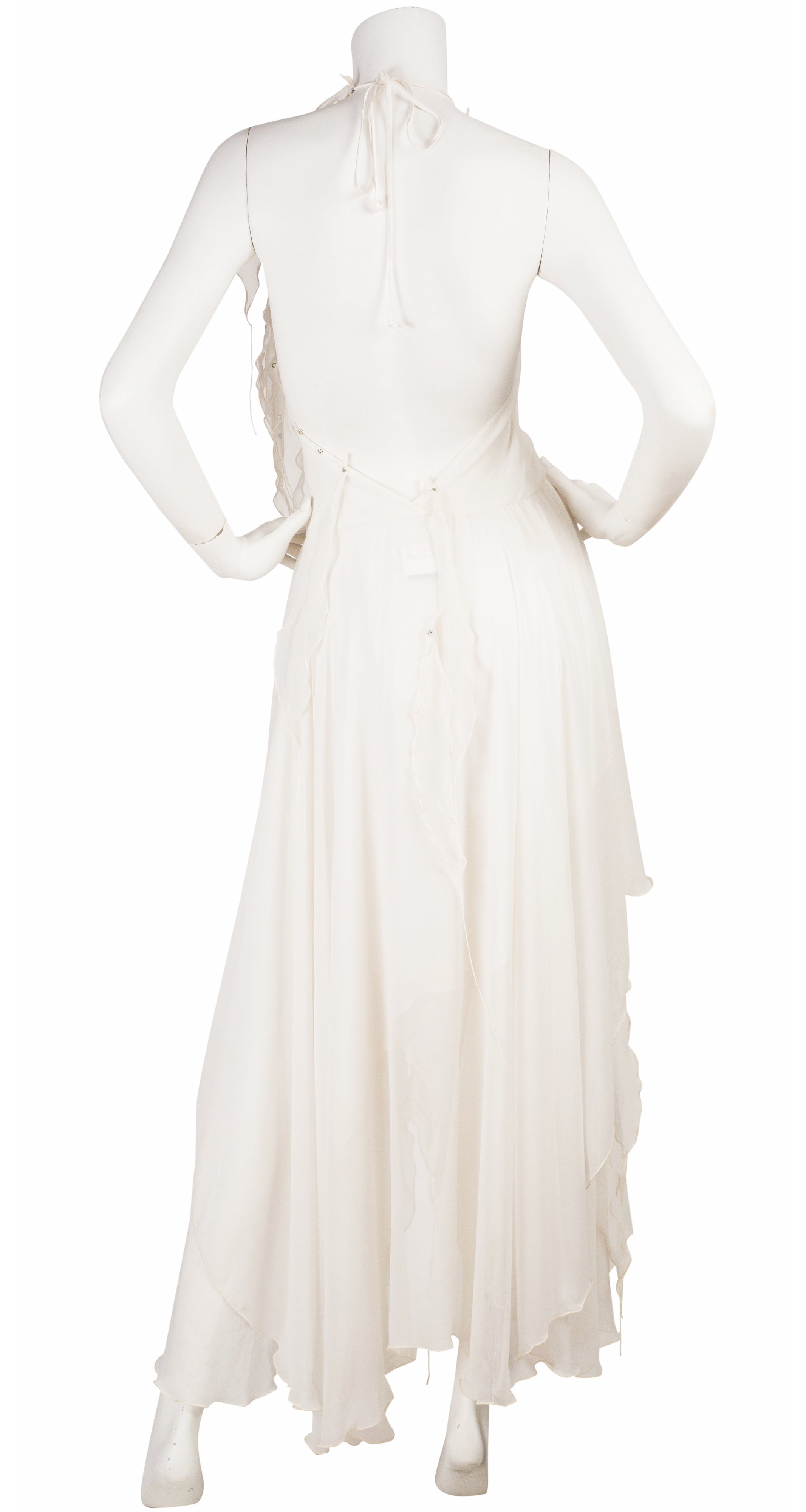 1970s Ethereal Rhinestone White Chiffon Disco Dress