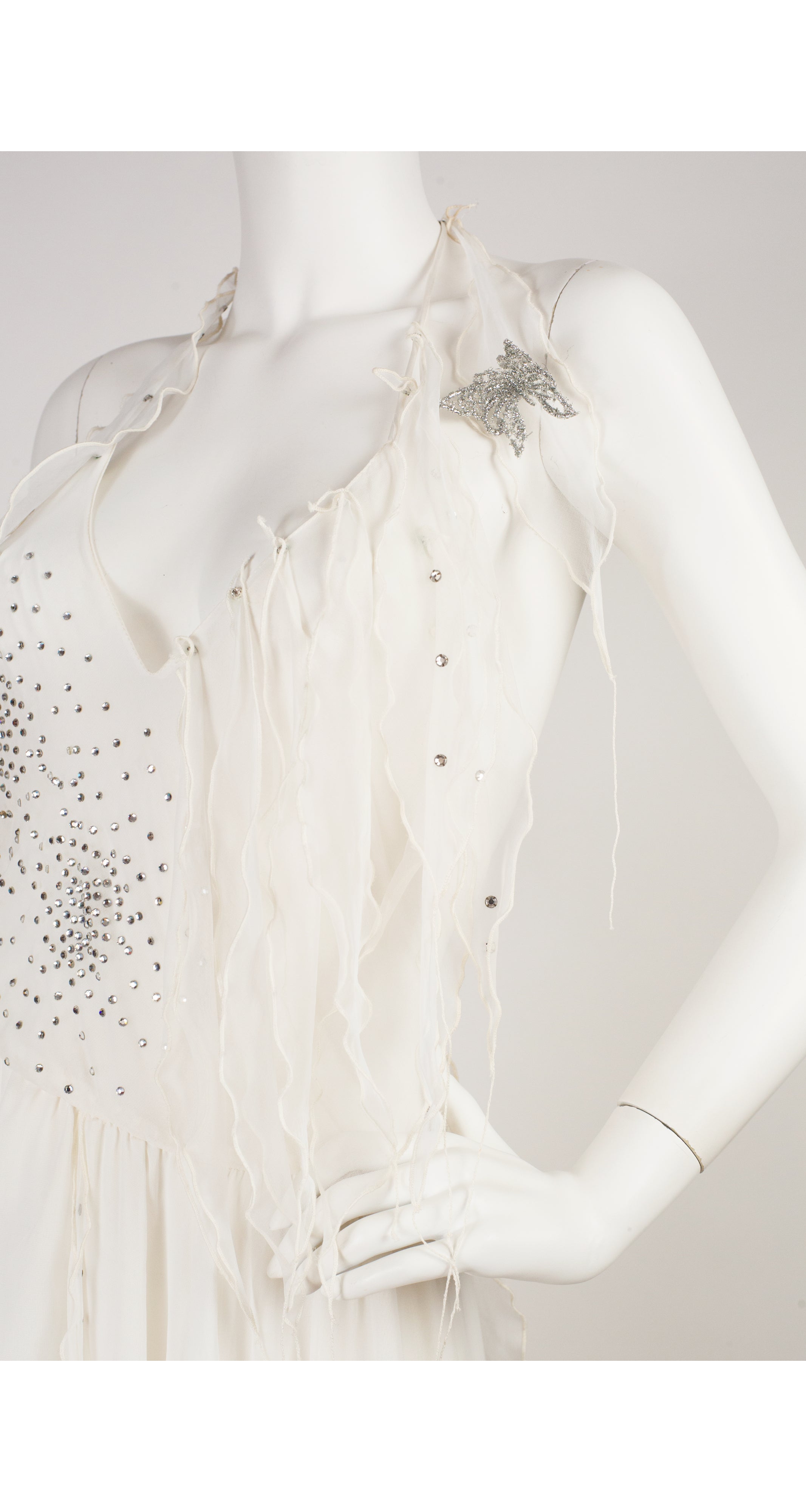 1970s Ethereal Rhinestone White Chiffon Disco Dress