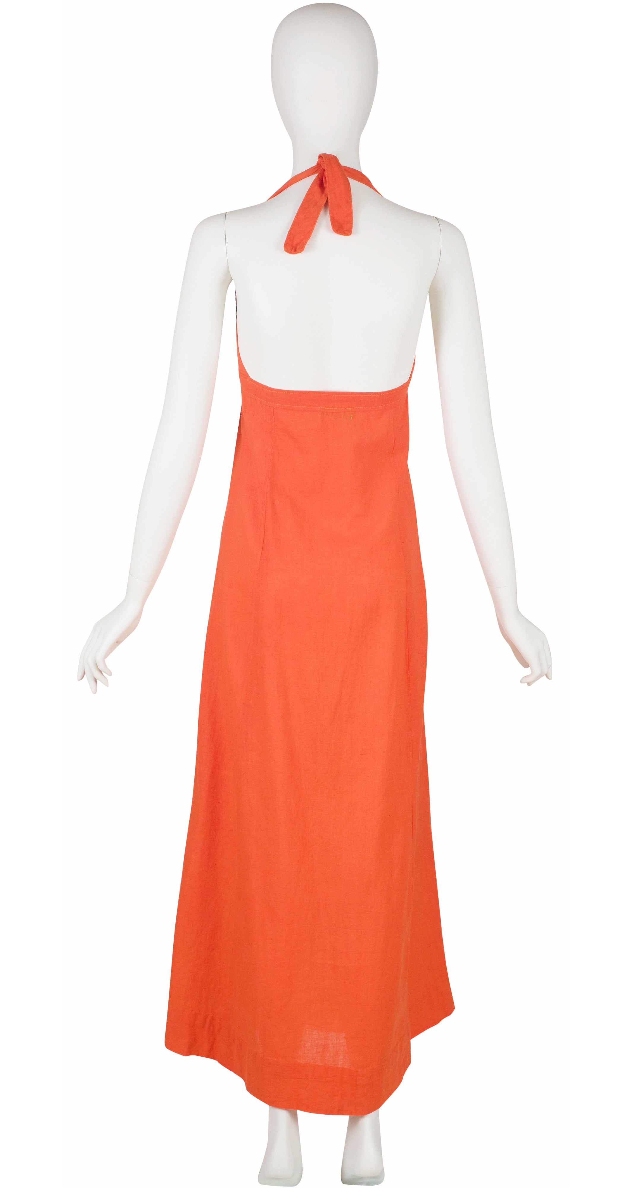 1970s Embroidered Orange Indian Cotton Halter Maxi Dress