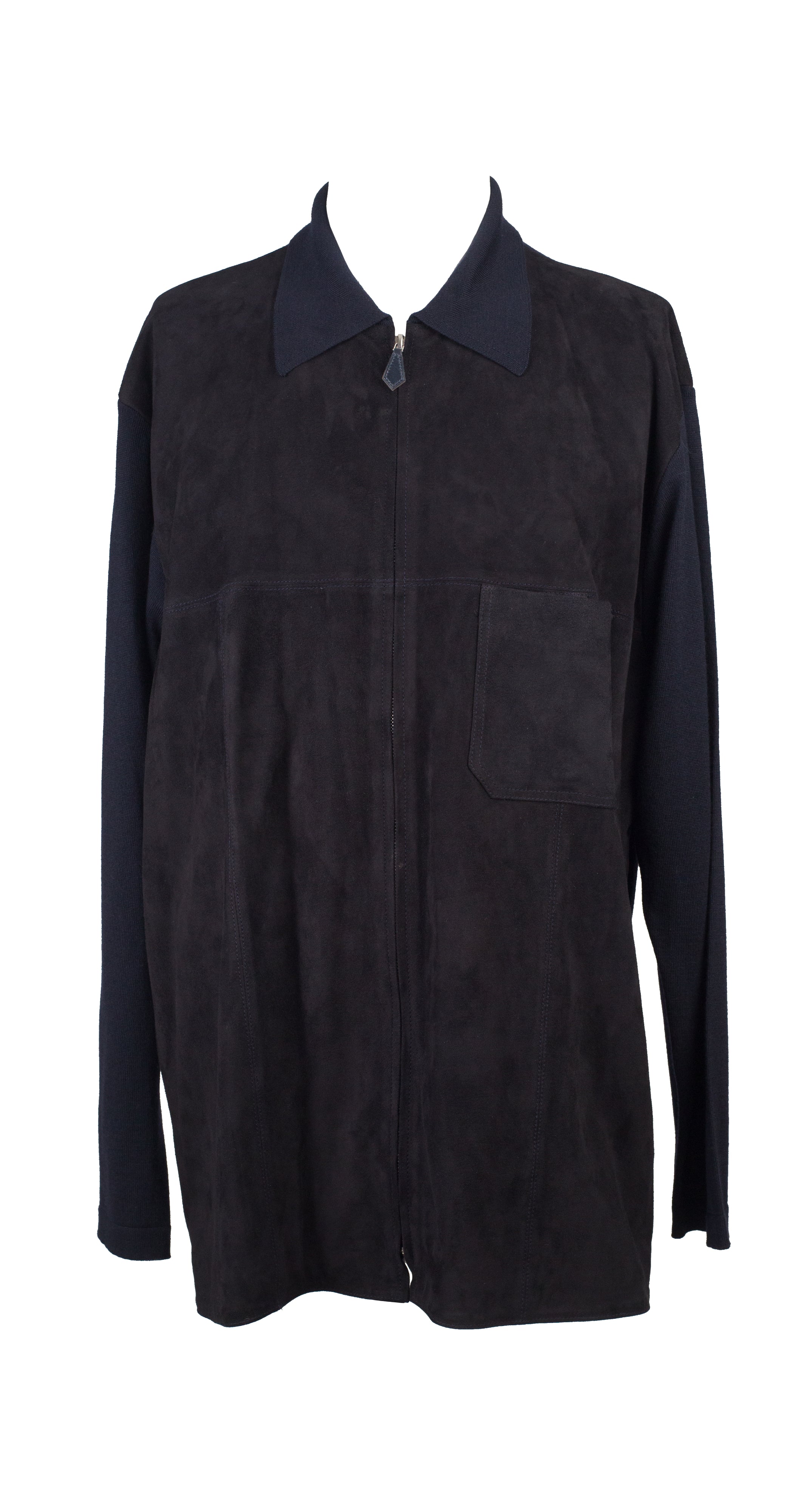 1990s Men's Black Suede & Navy Wool Sweater