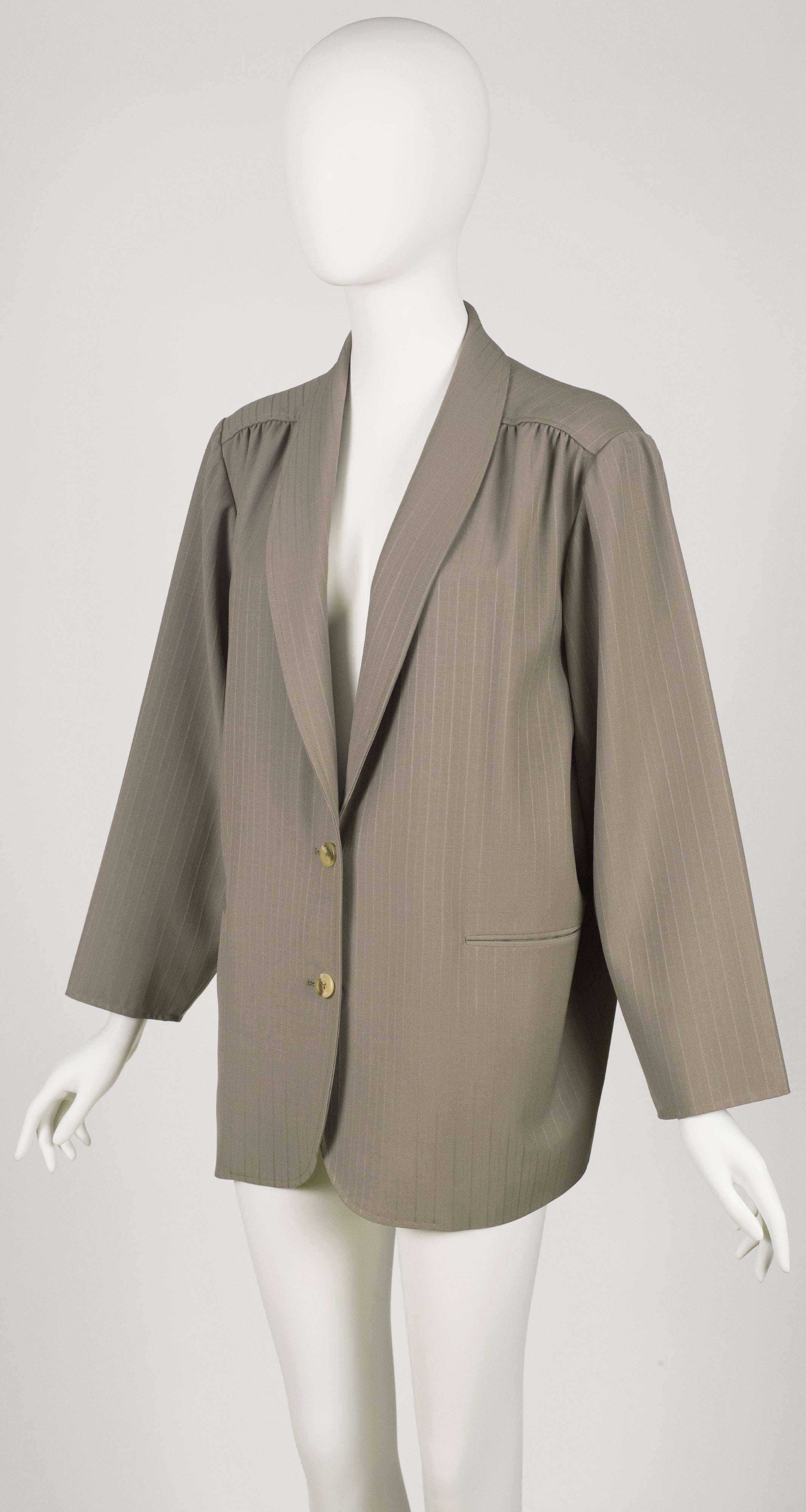 1980s Pinstripe Taupe Wool Shawl Collar Blazer