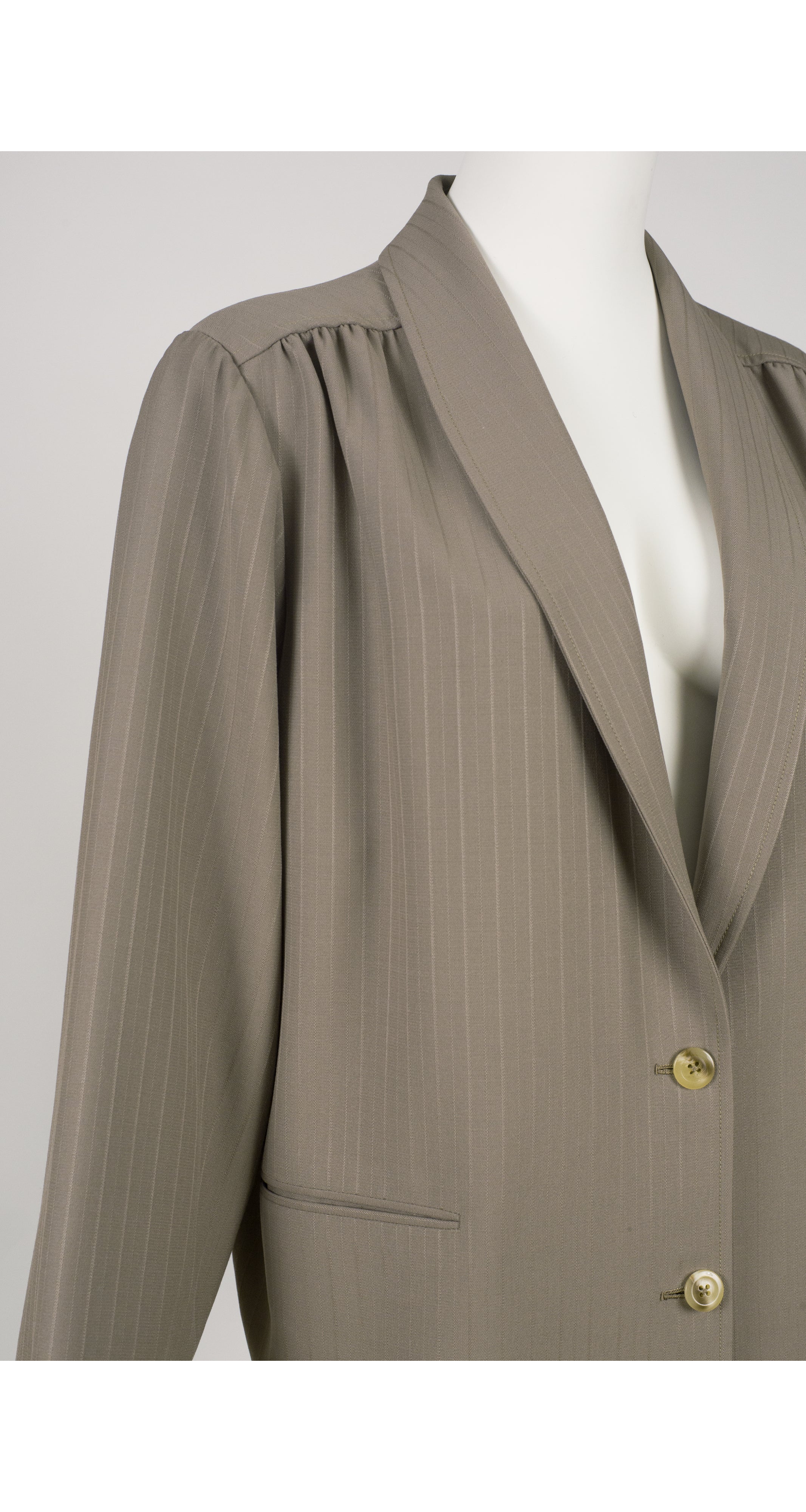 1980s Pinstripe Taupe Wool Shawl Collar Blazer