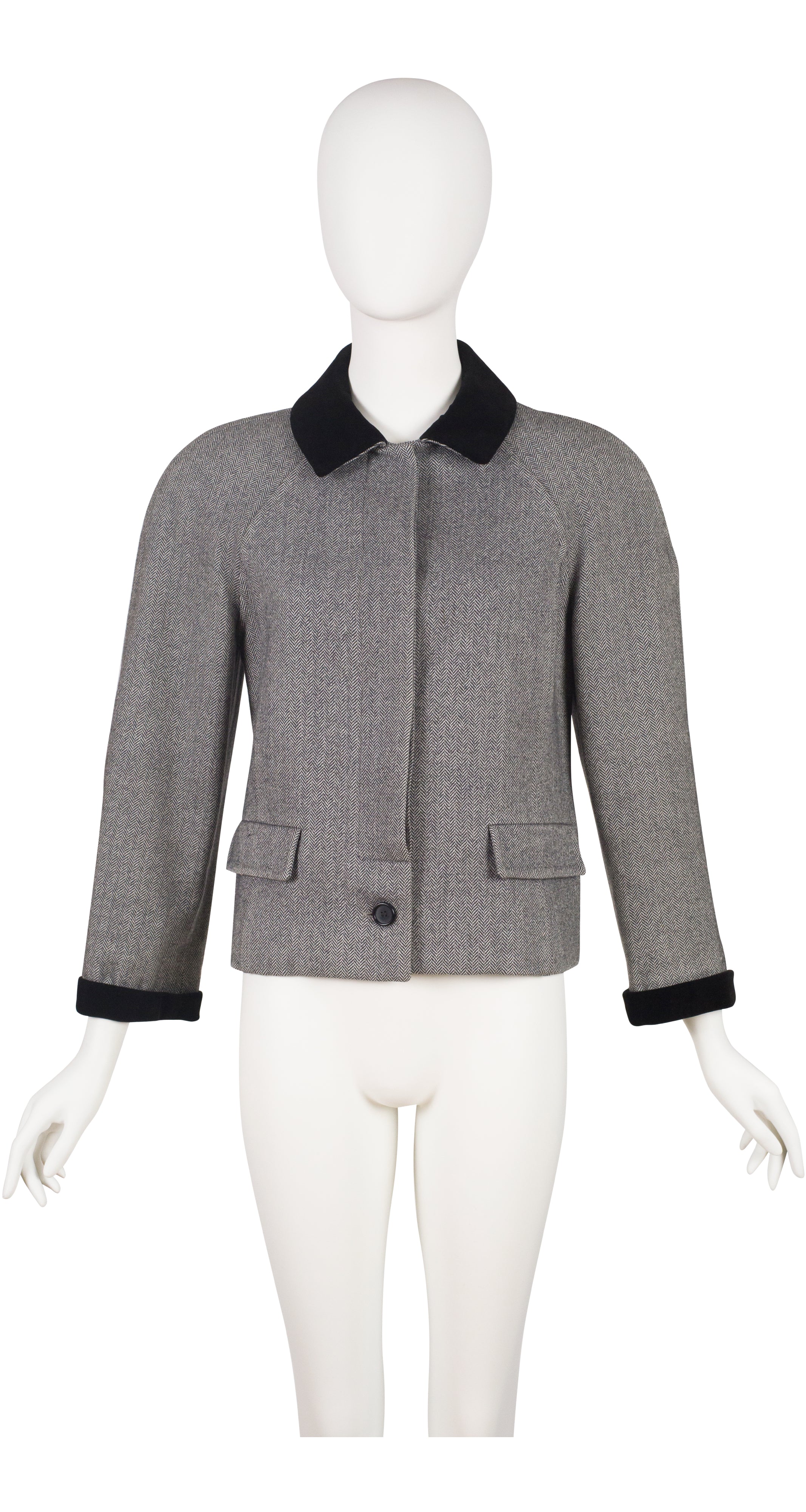 1980s Herringbone Wool Black Velvet Trim Jacket