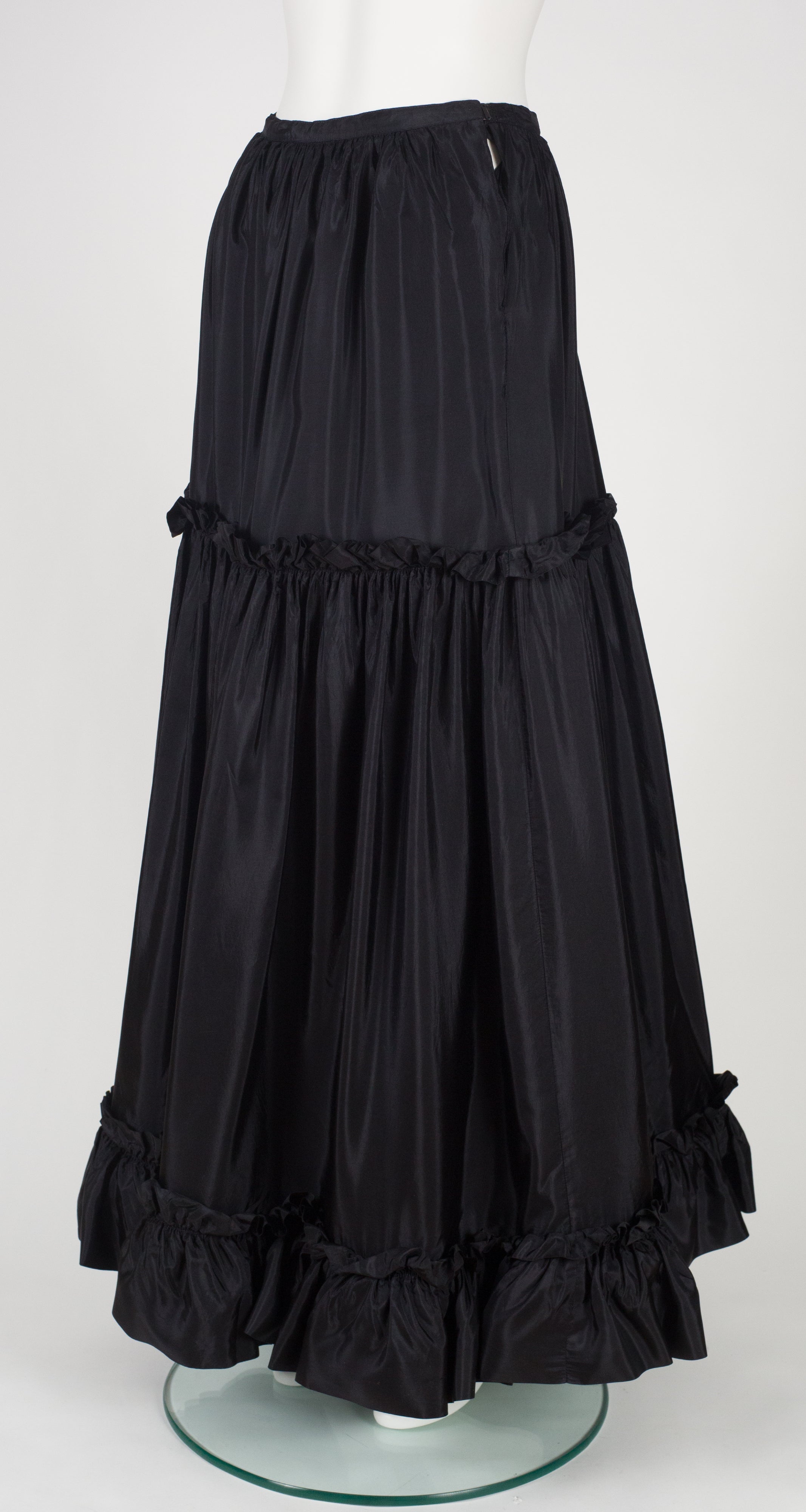 1980s Black Silk Taffeta Ruffle Floor-Length Skirt