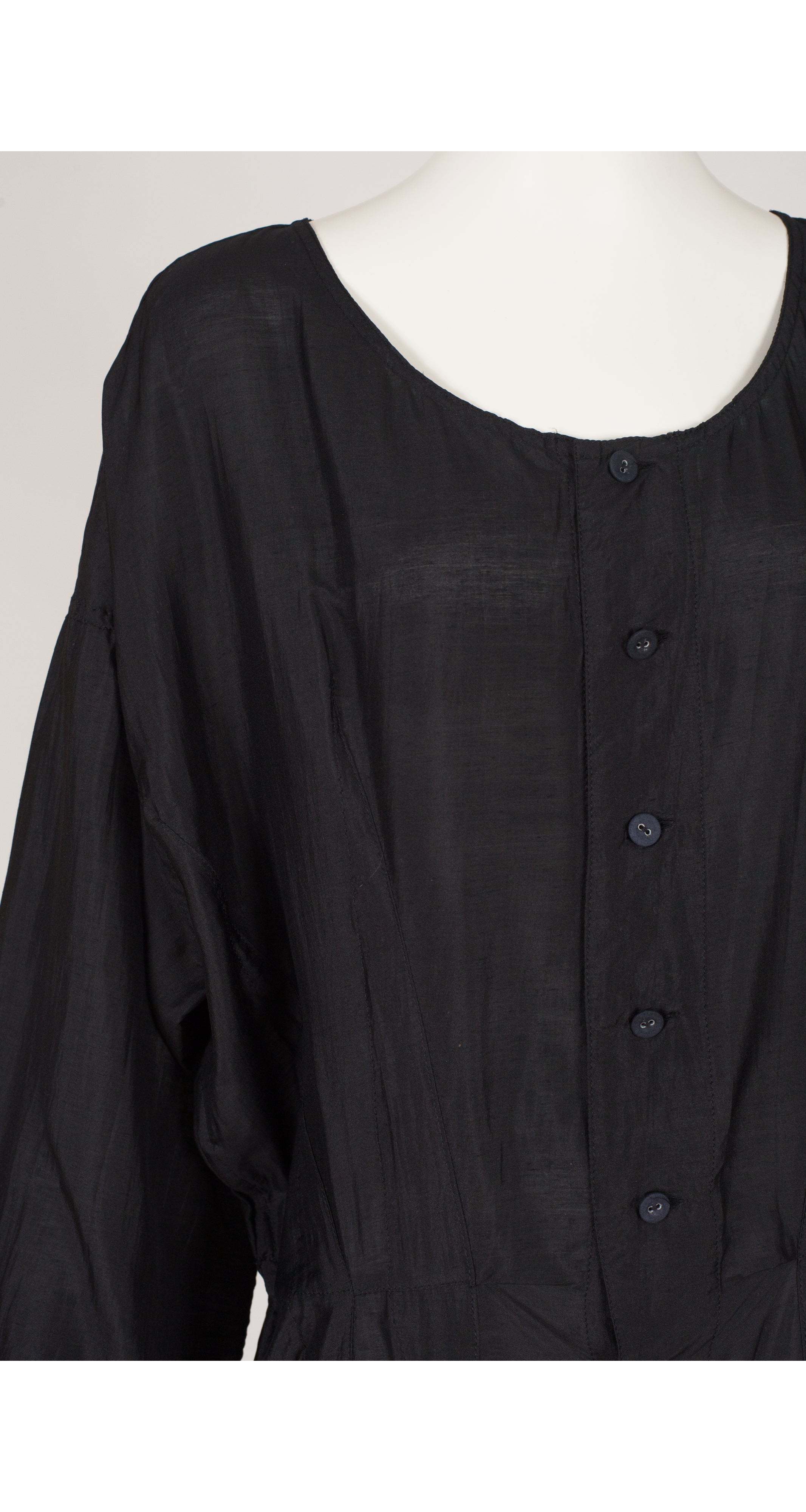 1980s Black Silk Wide-Sleeve Oversized Button-Up Dress