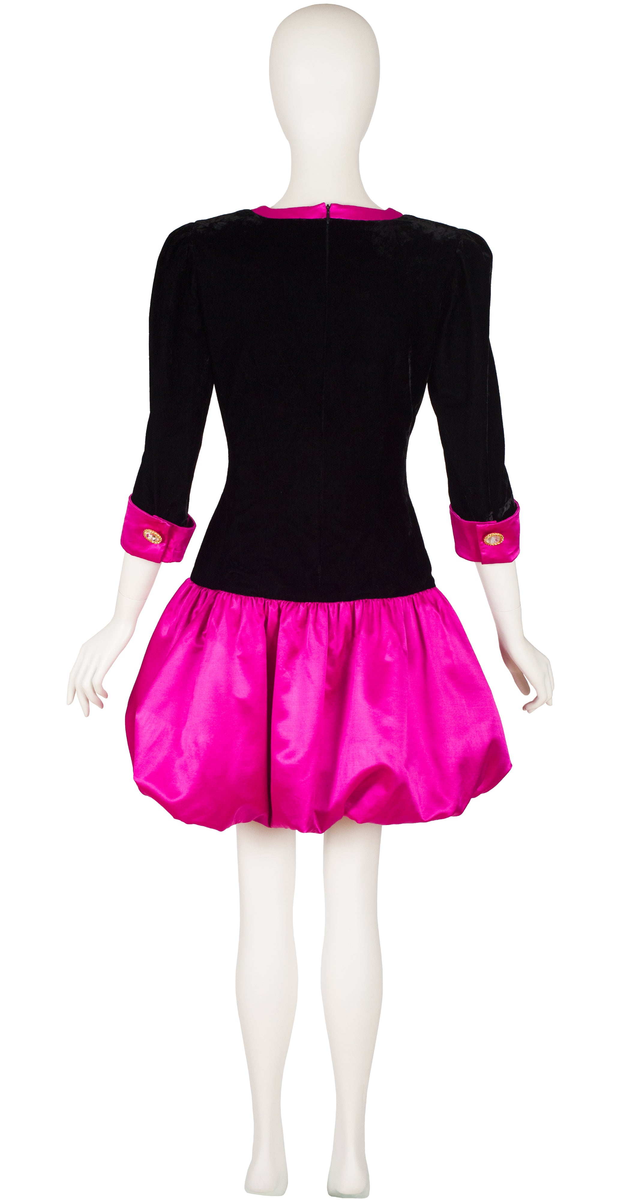 1990s Black Velvet & Hot Pink Silk Satin Bubble Cocktail Dress