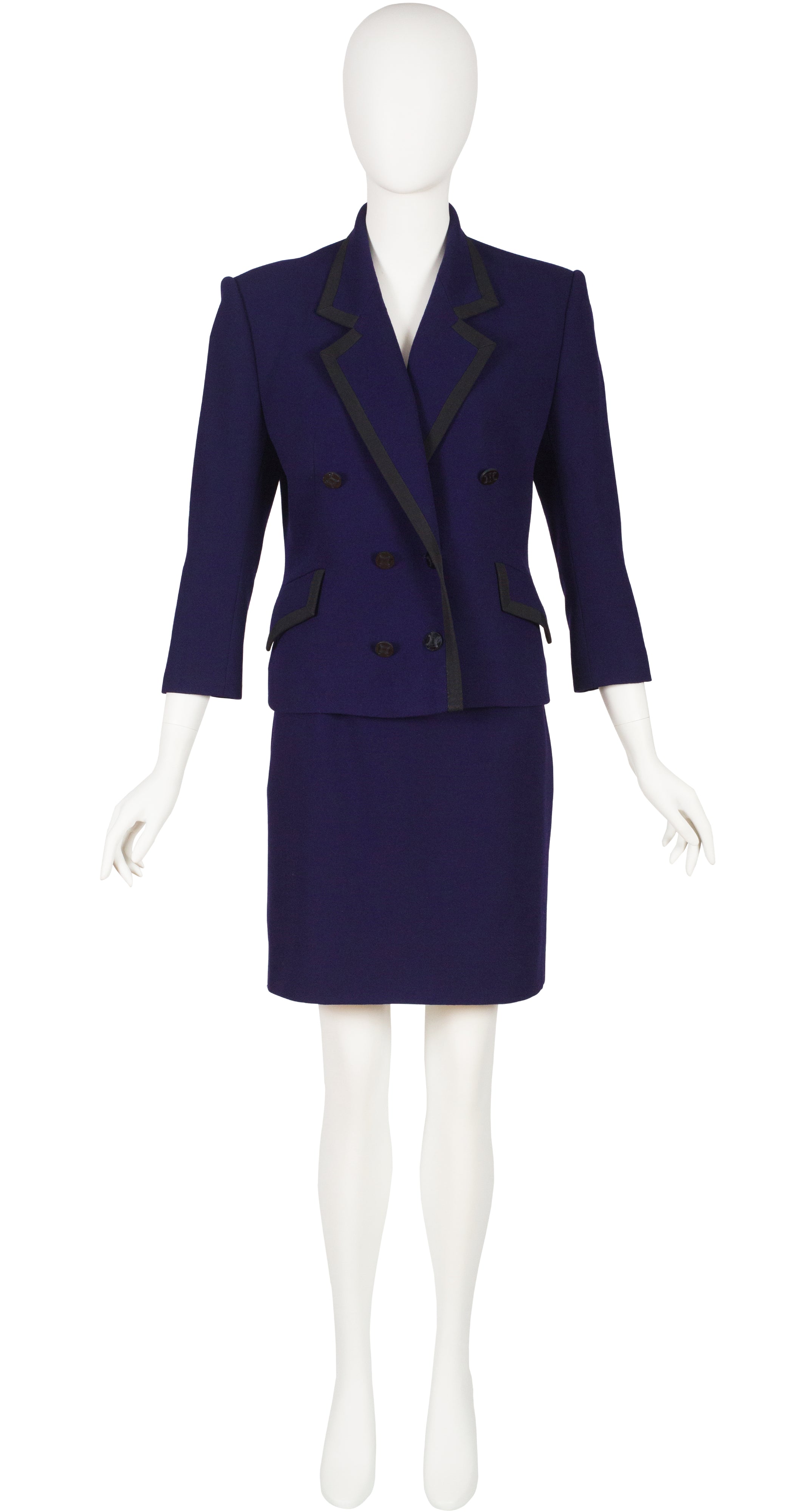 1980s Navy Blue Wool Double-Breasted Skirt Suit