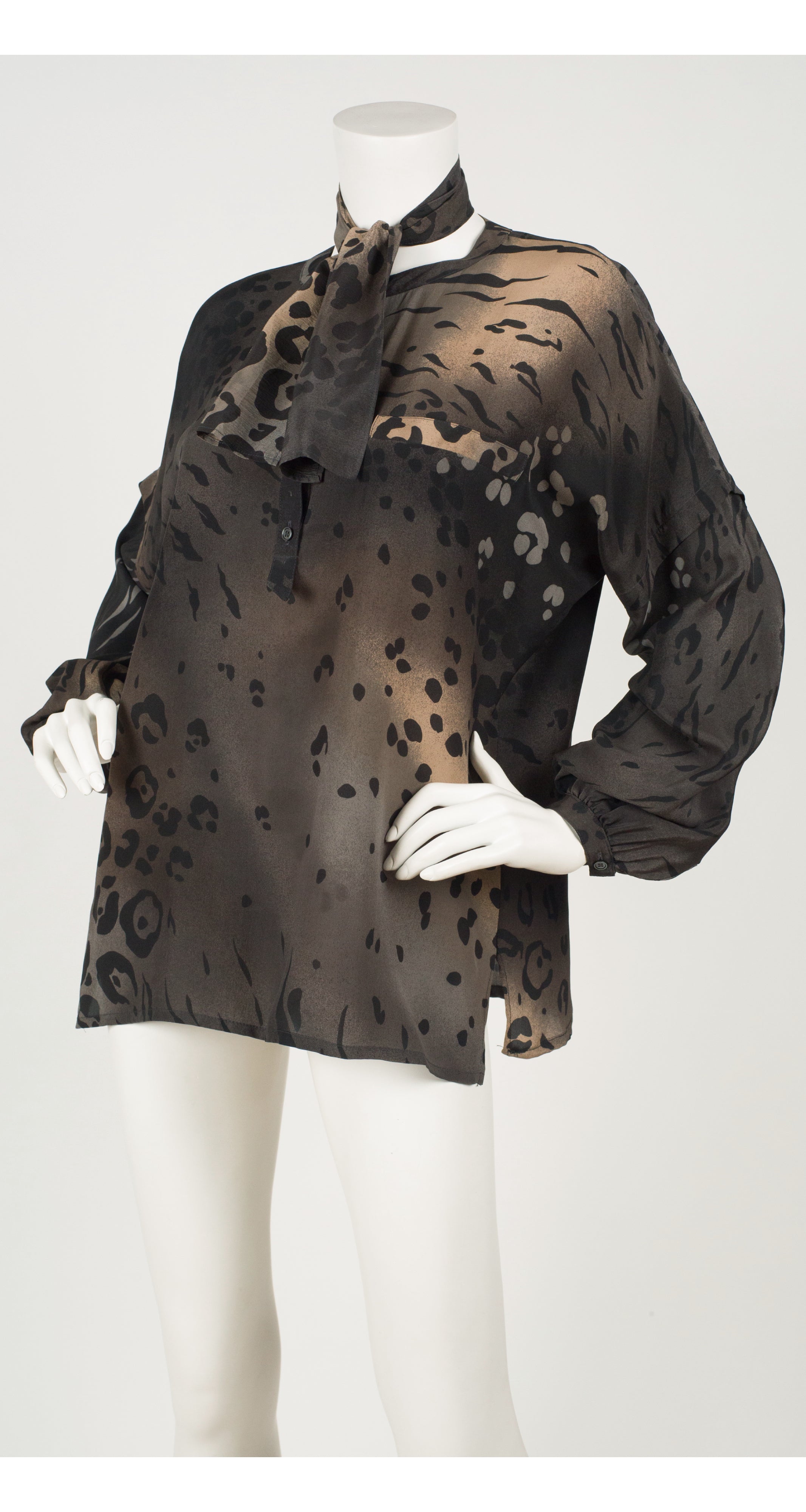 1980s Leopard Print Silk Neck Tie Blouse